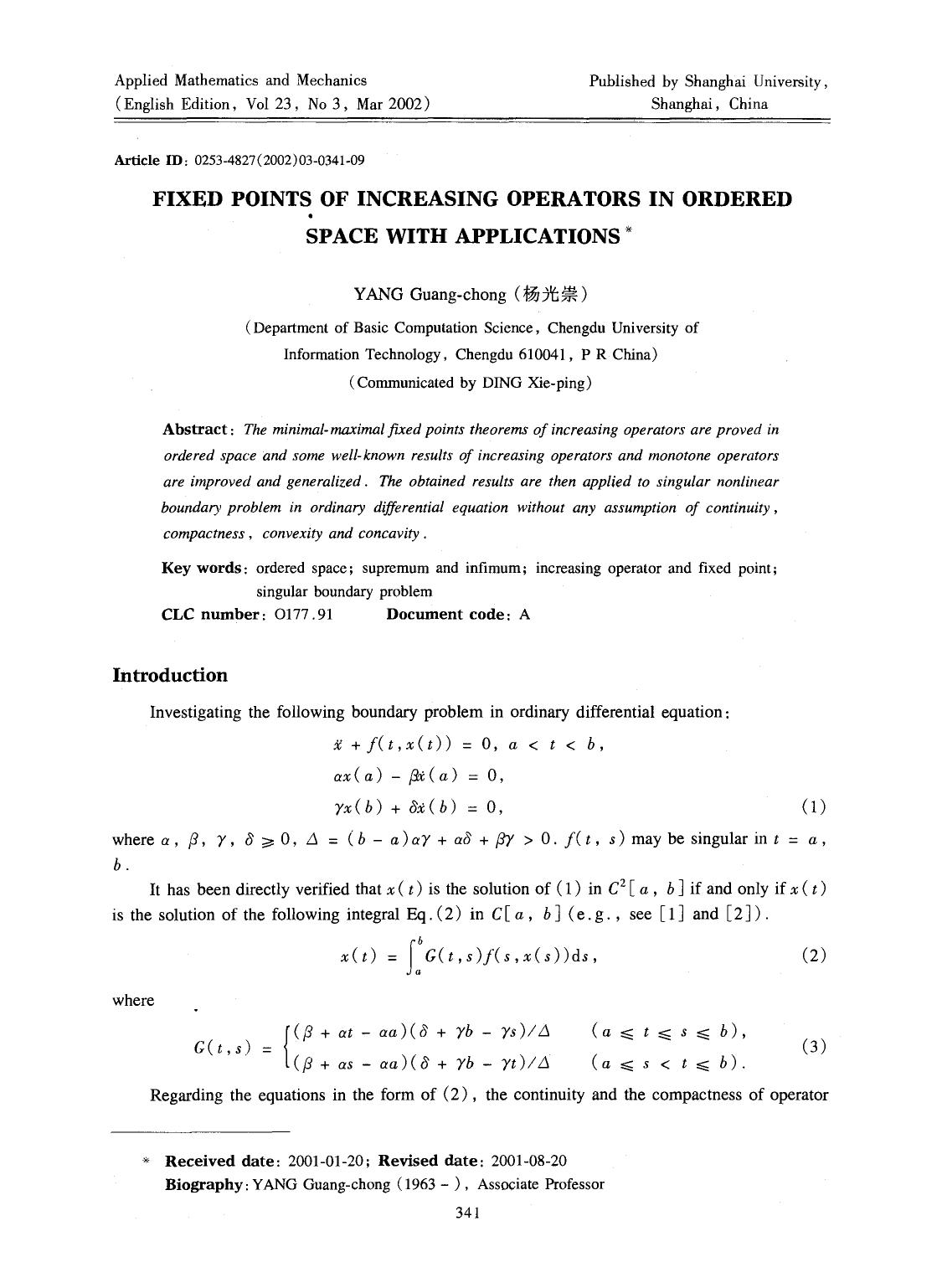 Fixed points of increasing operators in ordered space with applications by Unknown