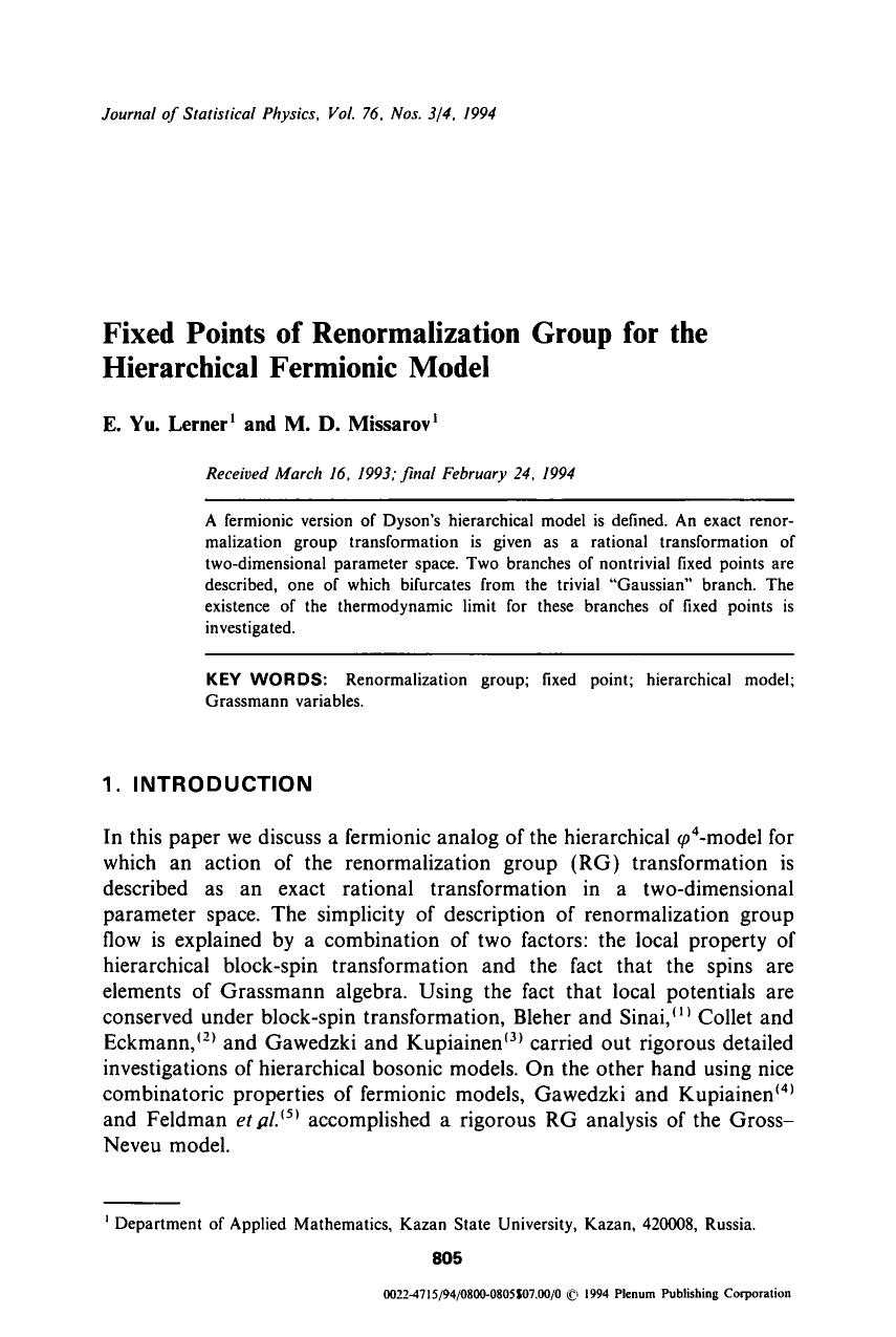 Fixed points of renormalization group for the hierarchical fermionic model by Unknown