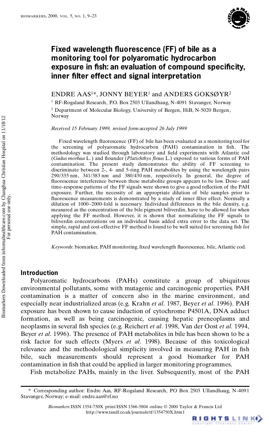 Fixed wavelength fluorescence (FF) of bile as a monitoring tool for polyaromatic hydrocarbon exposure in fish: an evaluation of compound specificity, inner filter effect and signal interpretation by Endre Aas Jonny Beyer Anders Goksoyr