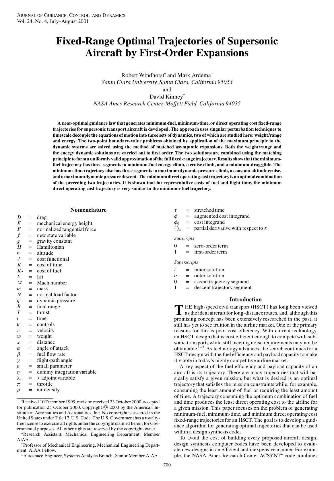 Fixed-Range Optimal Trajectories of Supersonic Aircraft by First-Order Expansions by Unknown