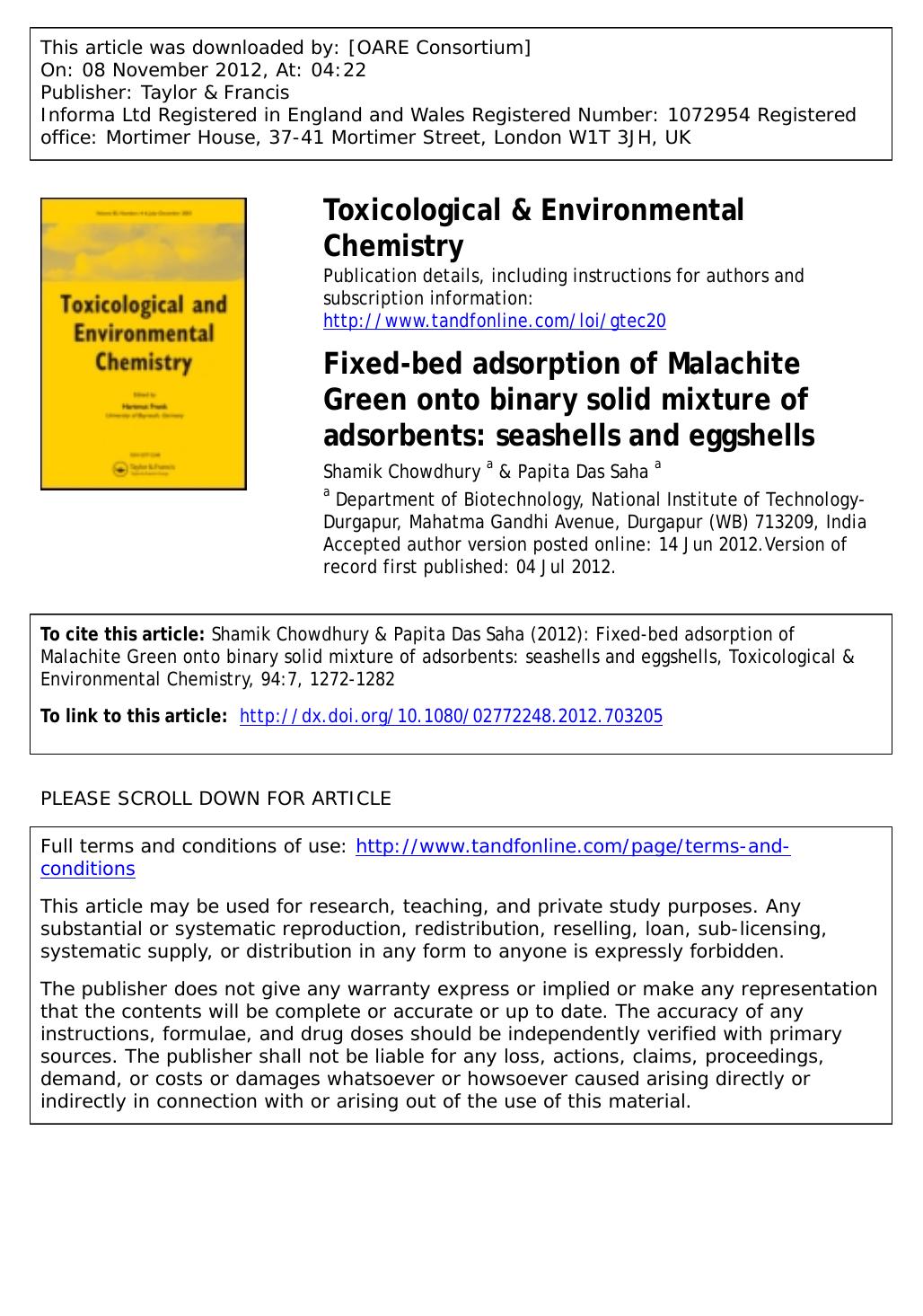 Fixed-bed adsorption of Malachite Green onto binary solid mixture of adsorbents: seashells and eggshells by Shamik Chowdhury & Papita Das Saha