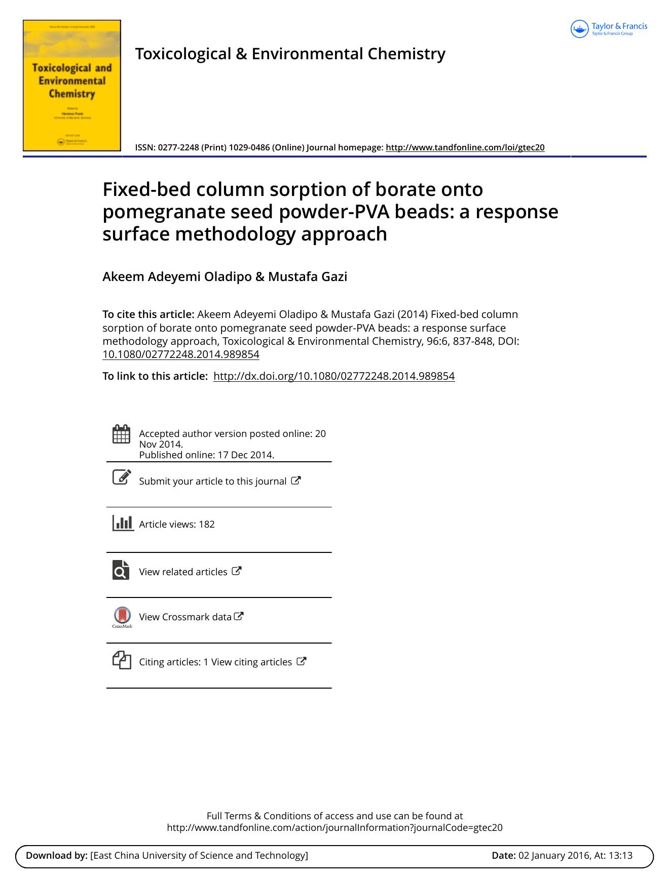 Fixed-bed column sorption of borate onto pomegranate seed powder-PVA beads: a response surface methodology approach by Akeem Adeyemi Oladipo