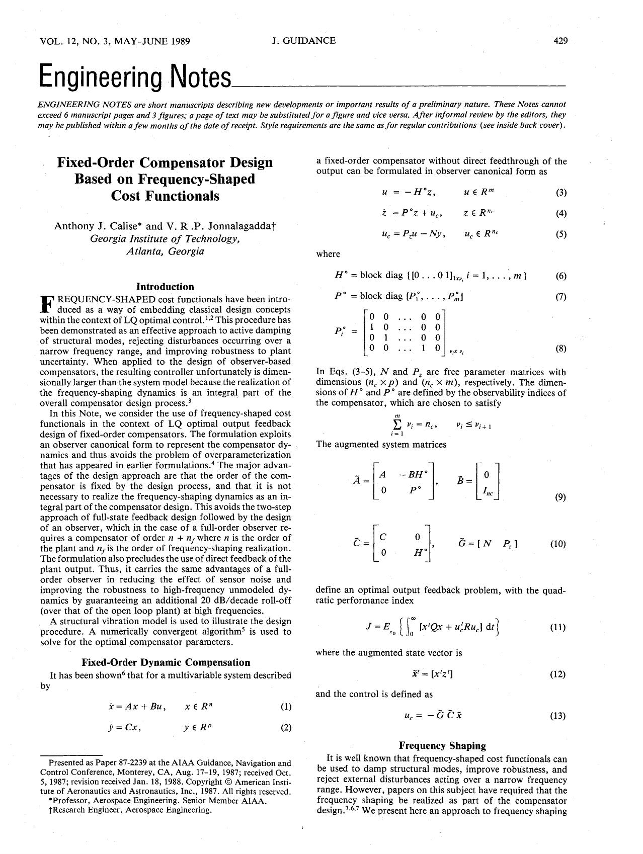 Fixed-order compensator design based on frequency-shaped cost functionals by Unknown