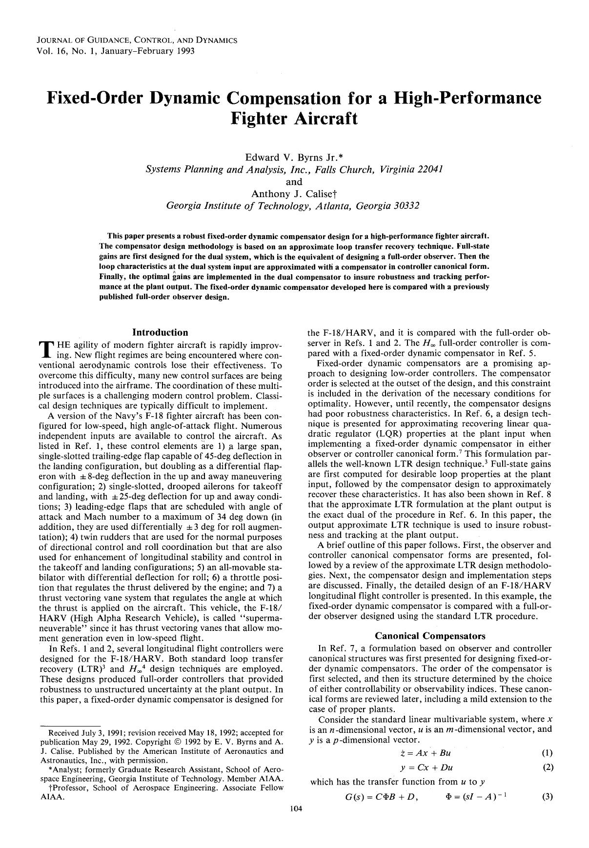Fixed-order dynamic compensation for a high-performance fighter aircraft by Unknown