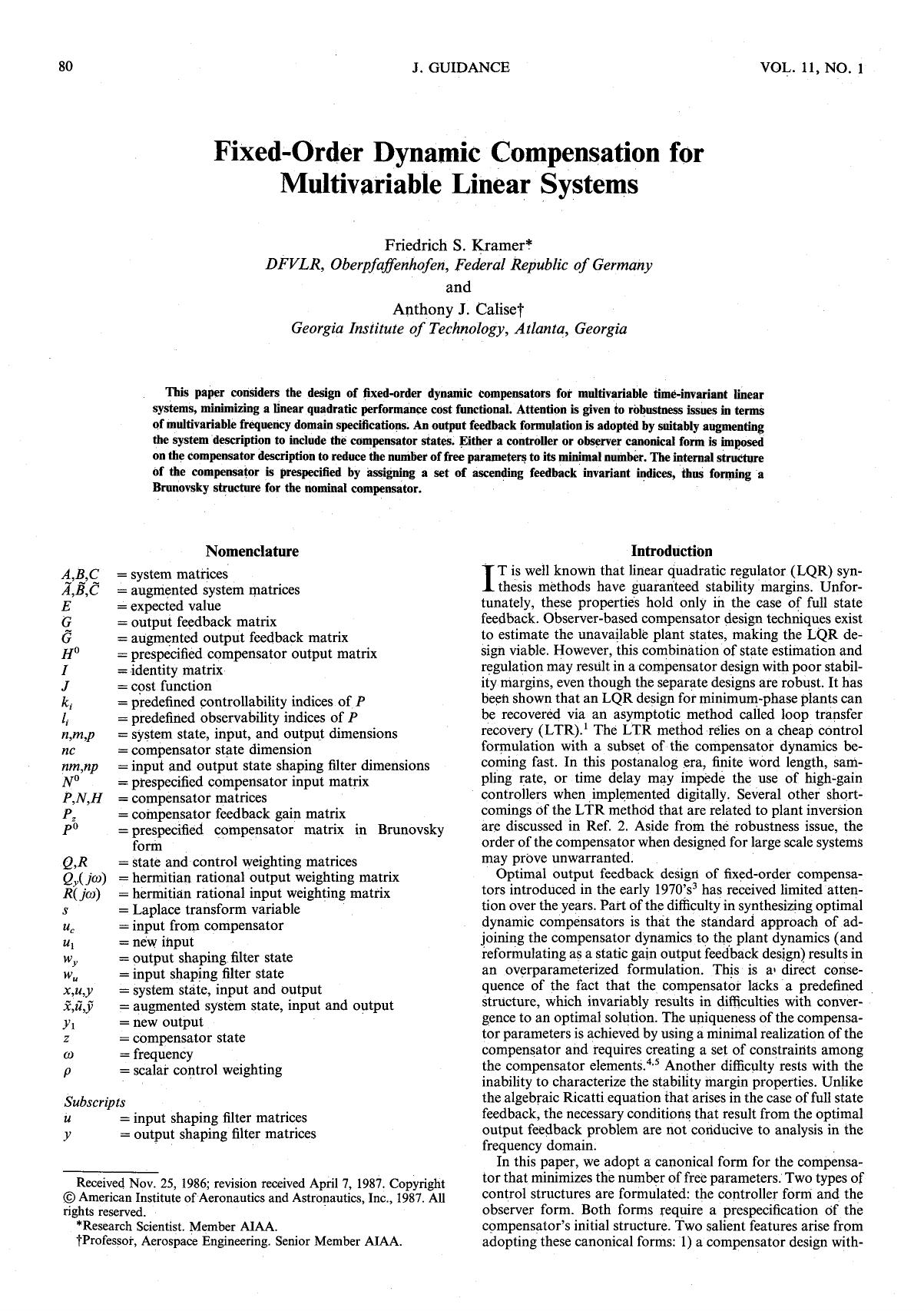 Fixed-order dynamic compensation for multivariable linear systems by Unknown