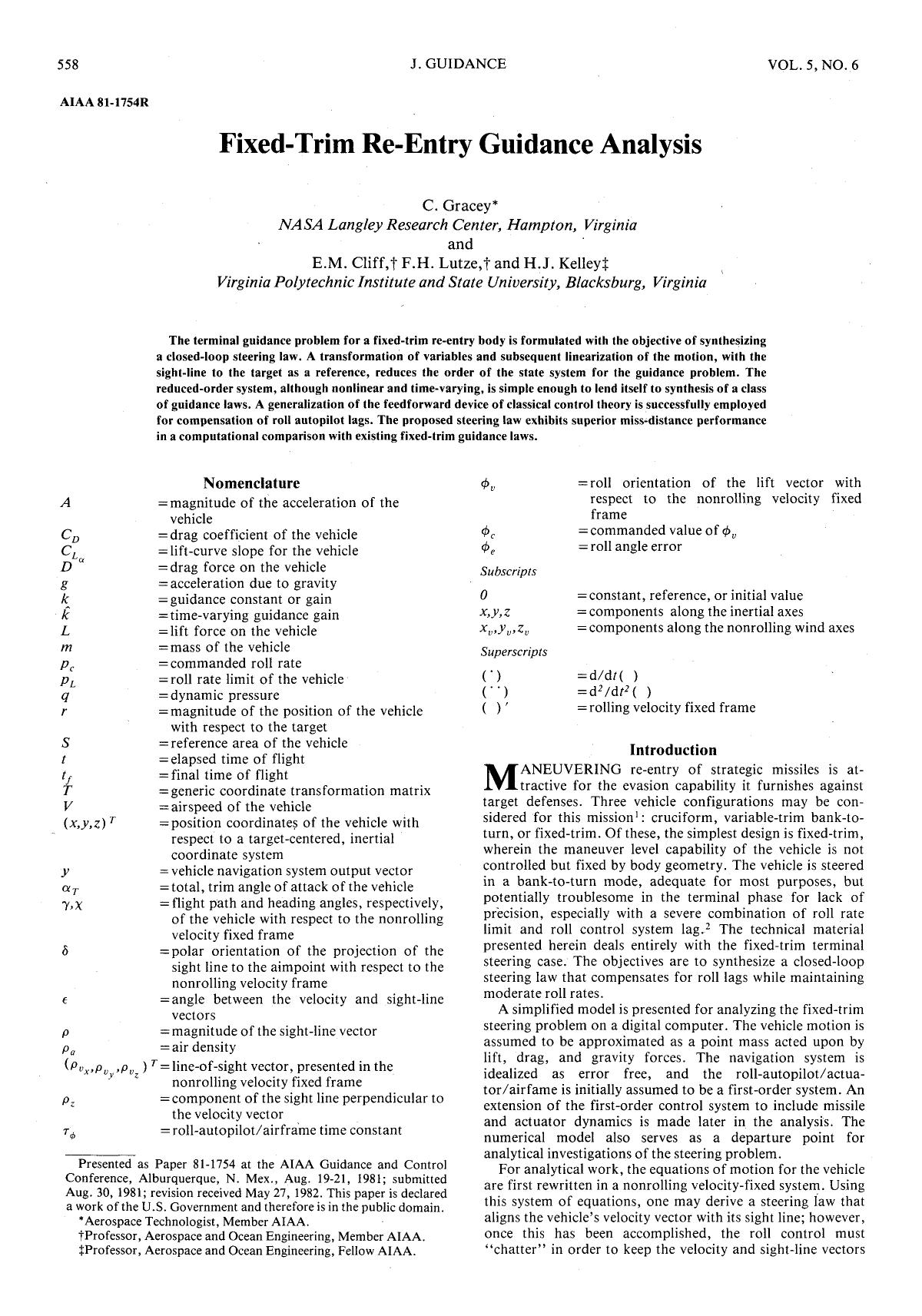 Fixed-trim re-entry guidance analysis by Unknown