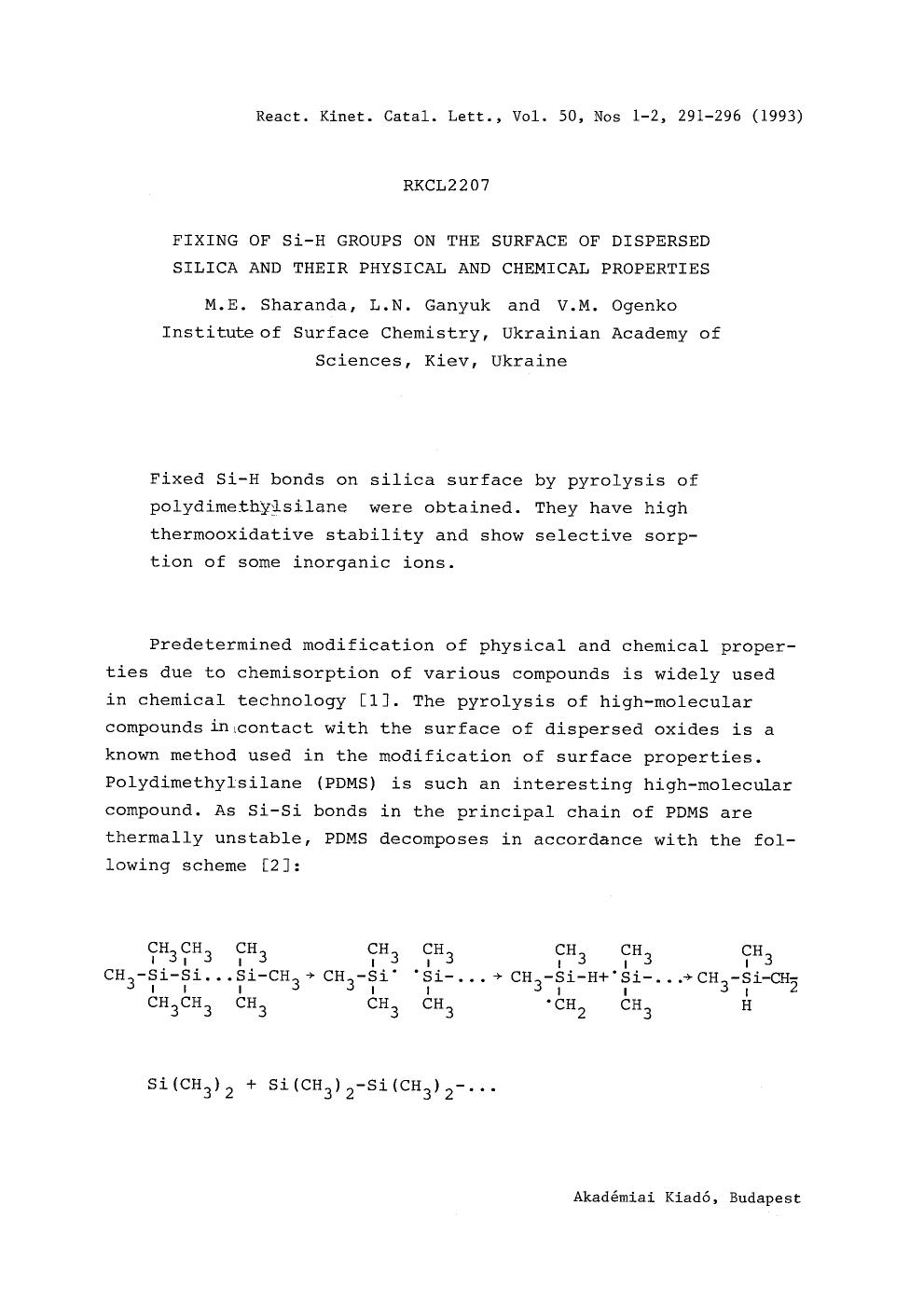 Fixing of Si−H groups on the surface of dispersed silica and their physical and chemical properties by Unknown