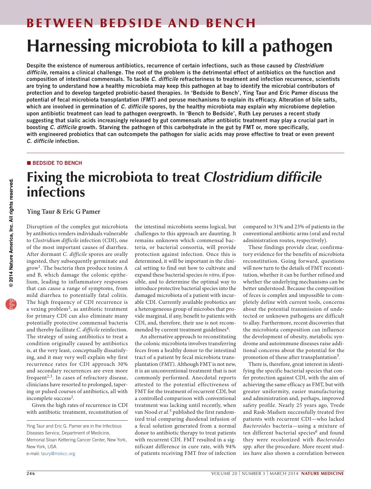 Fixing the microbiota to treat Clostridium difficile infections by Ying Taur & Eric G Pamer