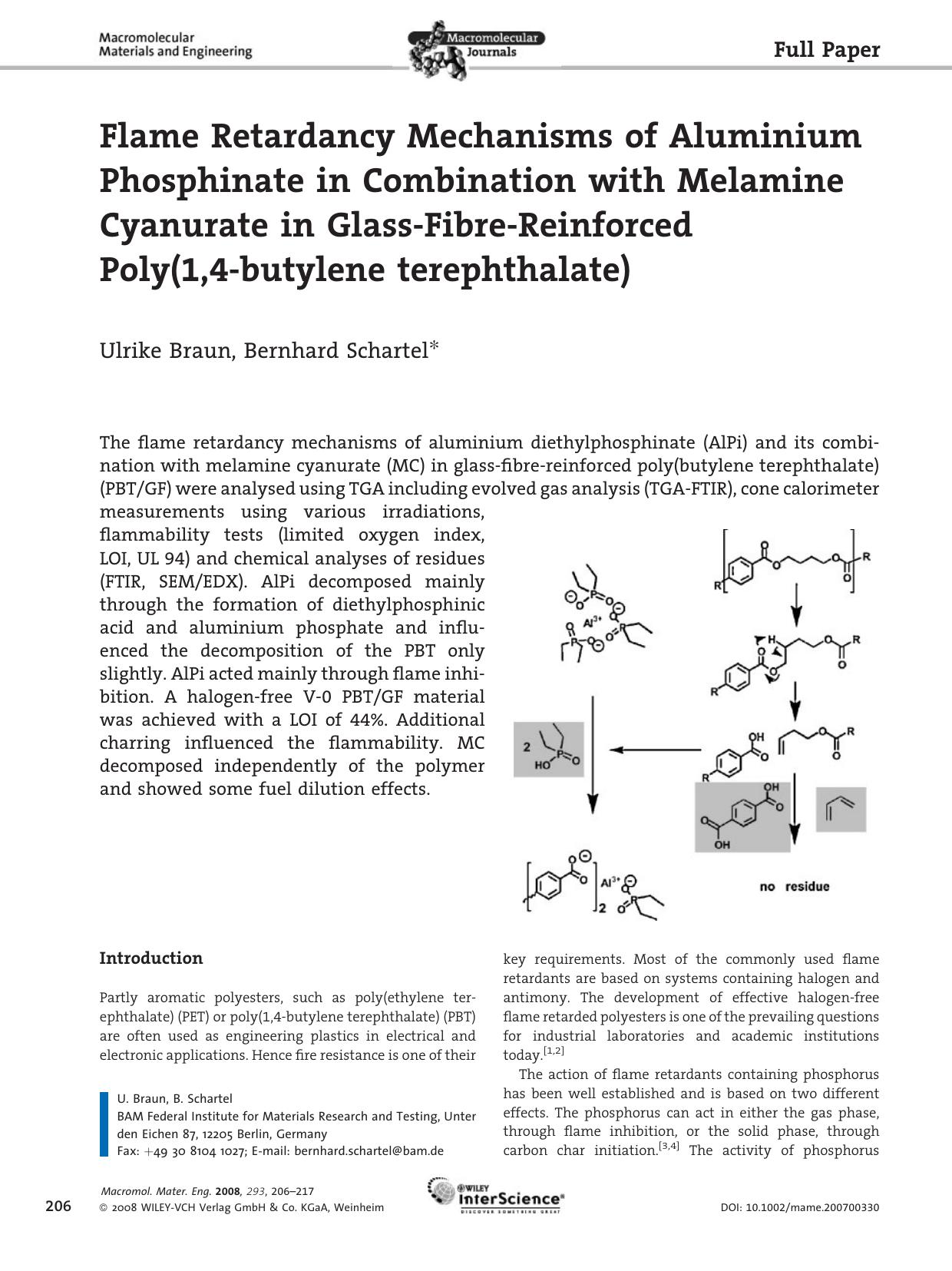 Flame Retardancy Mechanisms of Aluminium Phosphinate in Combination with Melamine Cyanurate in Glass-Fibre-Reinforced Poly(1,4-butylene terephthalate) by Unknown