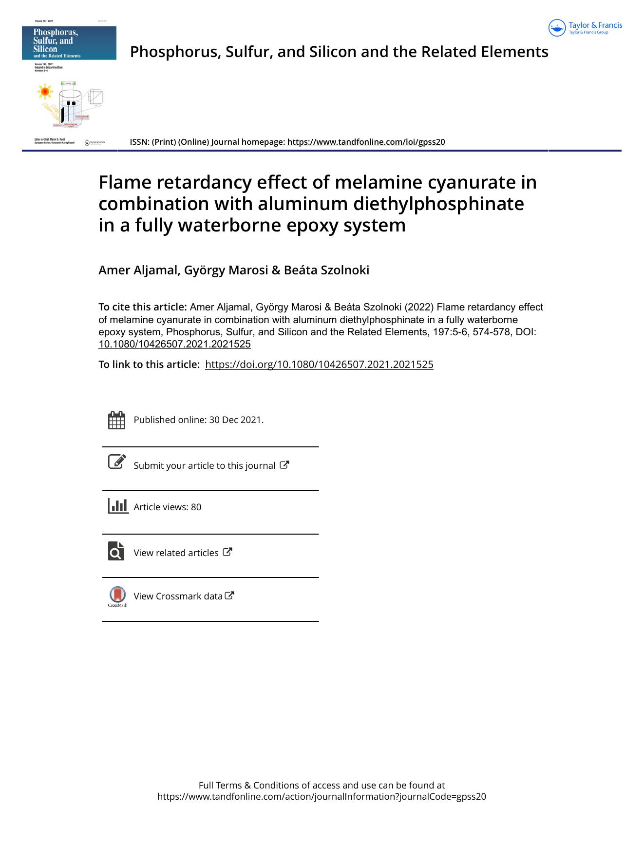 Flame retardancy effect of melamine cyanurate in combination with aluminum diethylphosphinate in a fully waterborne epoxy system by Aljamal Amer & Marosi György & Szolnoki Beáta