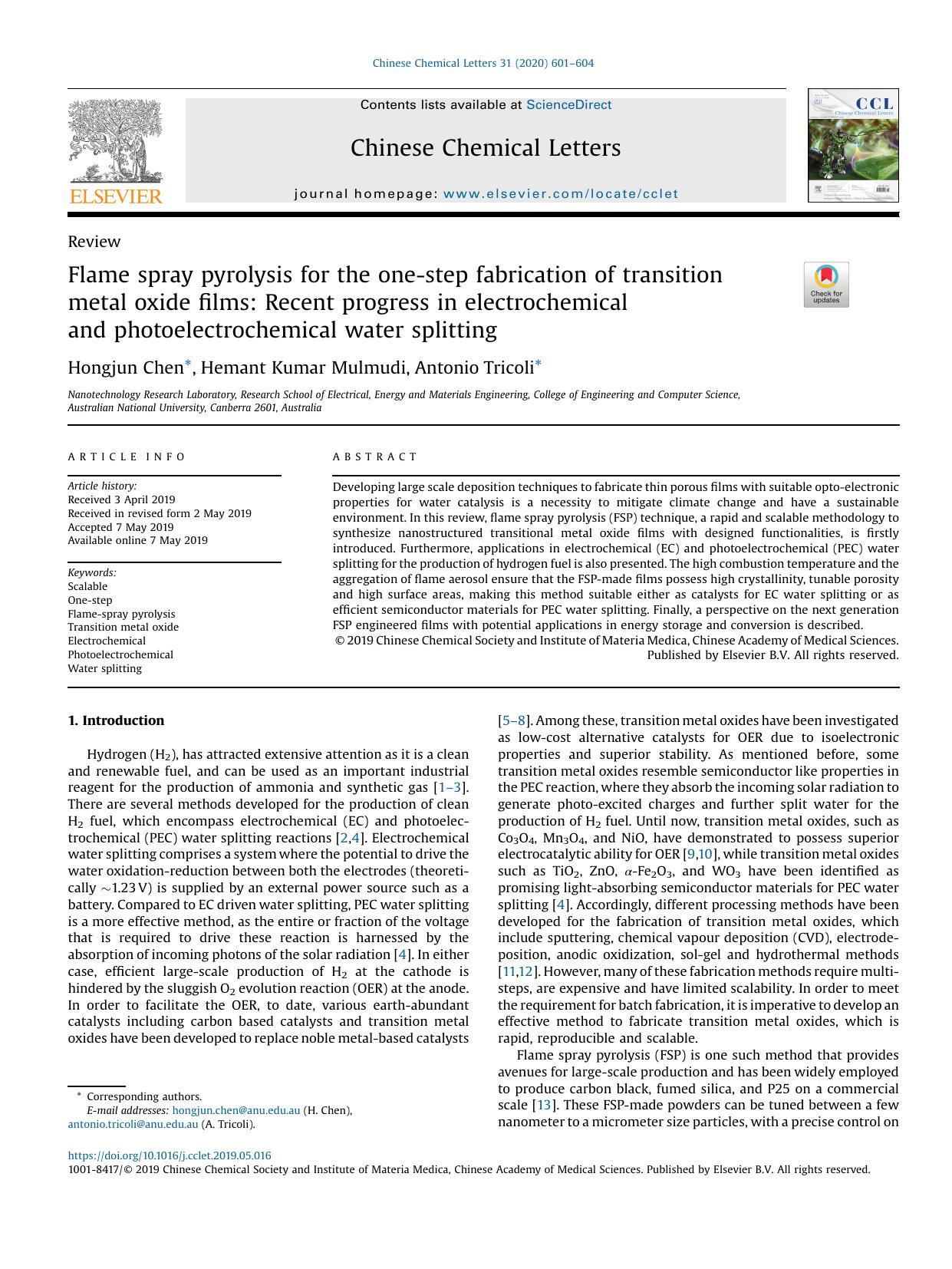 Flame spray pyrolysis for the one-step fabrication of transition metal oxide films: Recent progress in electrochemical and photoelectrochemical water splitting by Hongjun Chen & Hemant Kumar Mulmudi & Antonio Tricoli