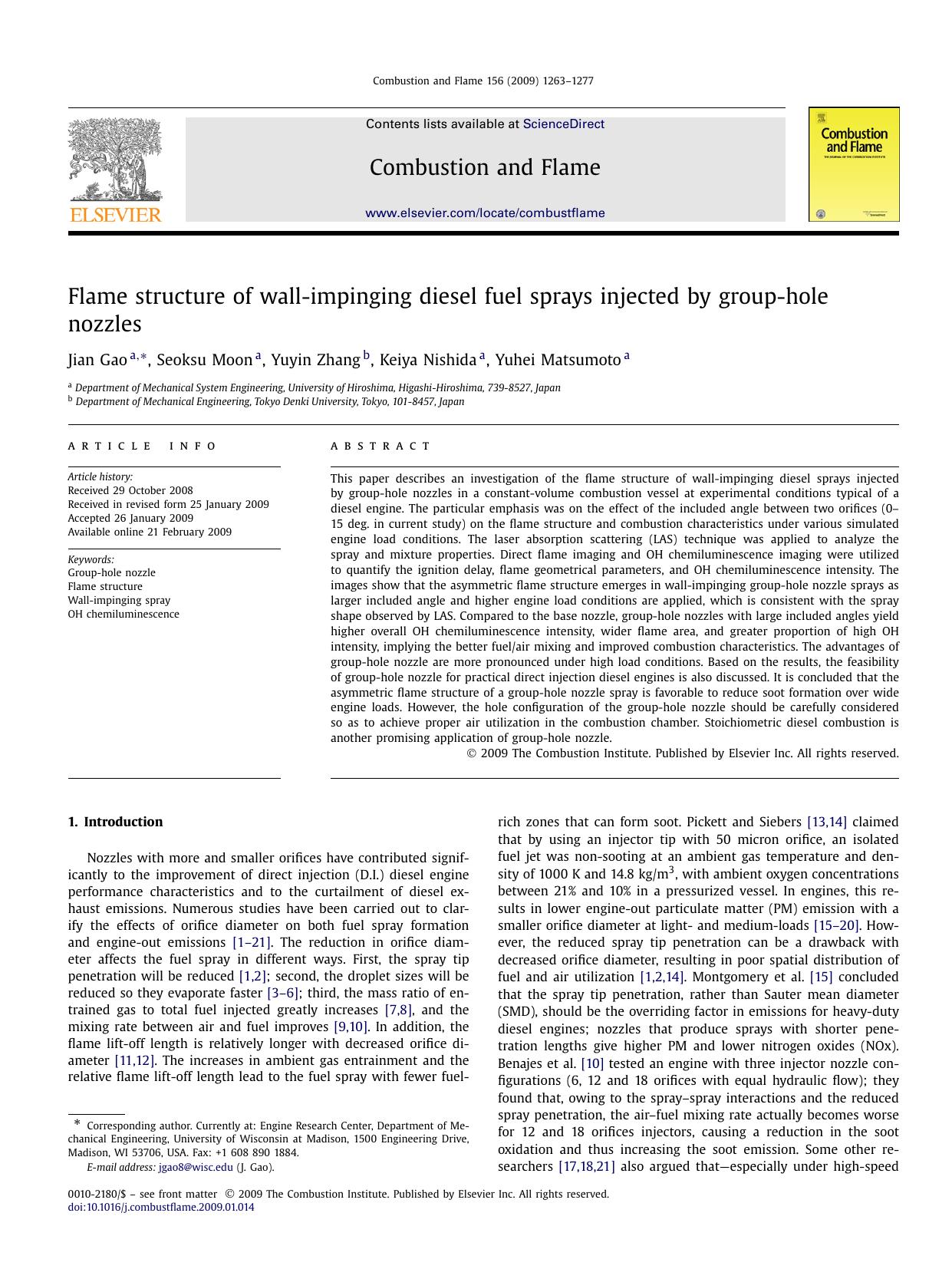 Flame structure of wall-impinging diesel fuel sprays injected by group-hole nozzles by Jian Gao; Seoksu Moon; Yuyin Zhang; Keiya Nishida; Yuhei Matsumoto