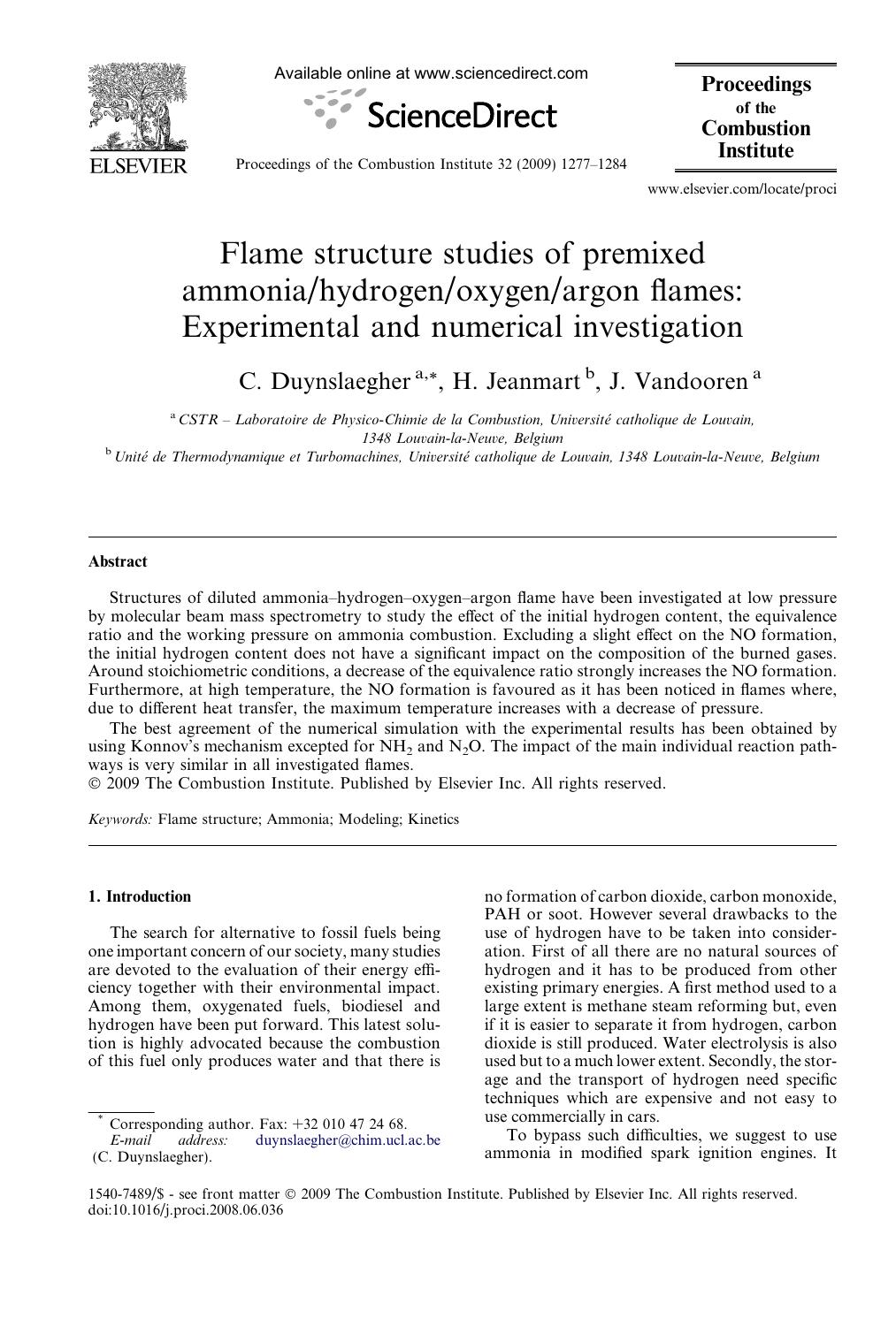 Flame structure studies of premixed ammoniahydrogenoxygenargon flames: Experimental and numerical investigation by C. Duynslaegher; H. Jeanmart; J. Vandooren