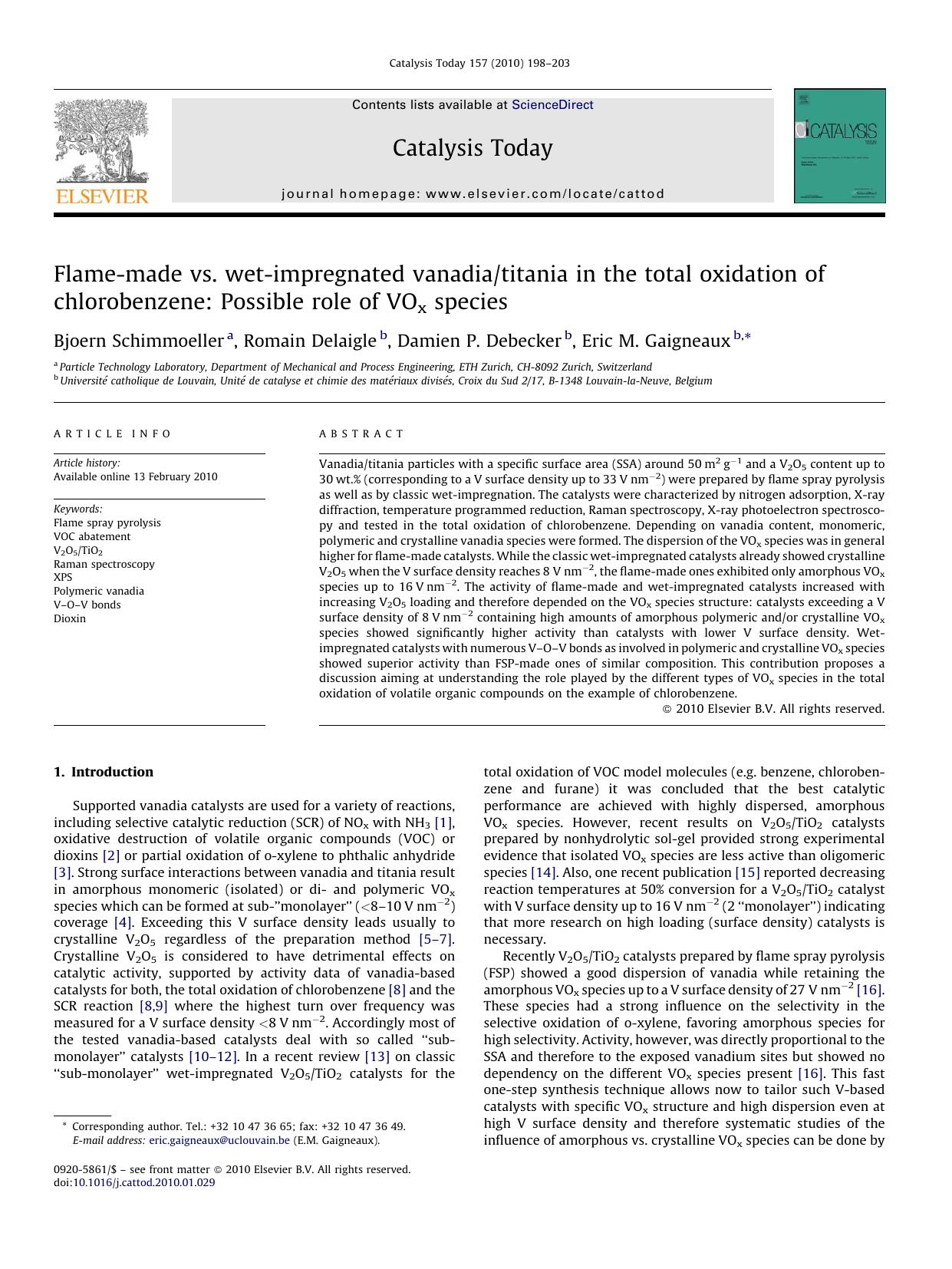 Flame-made vs. wet-impregnated vanadiatitania in the total oxidation of chlorobenzene: Possible role of VOx species by Bjoern Schimmoeller