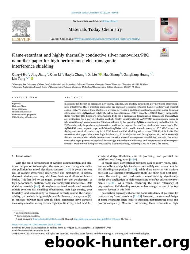 Flame-retardant and highly thermally conductive silver nanowiresPBO nanofiber paper for high-performance electromagnetic interference shielding by Qingyi Hu & Jing Jiang & Qian Li & Haojie Zhang & Xi Liu & Hao Zhang & Gangliang Huang & Lin Tang