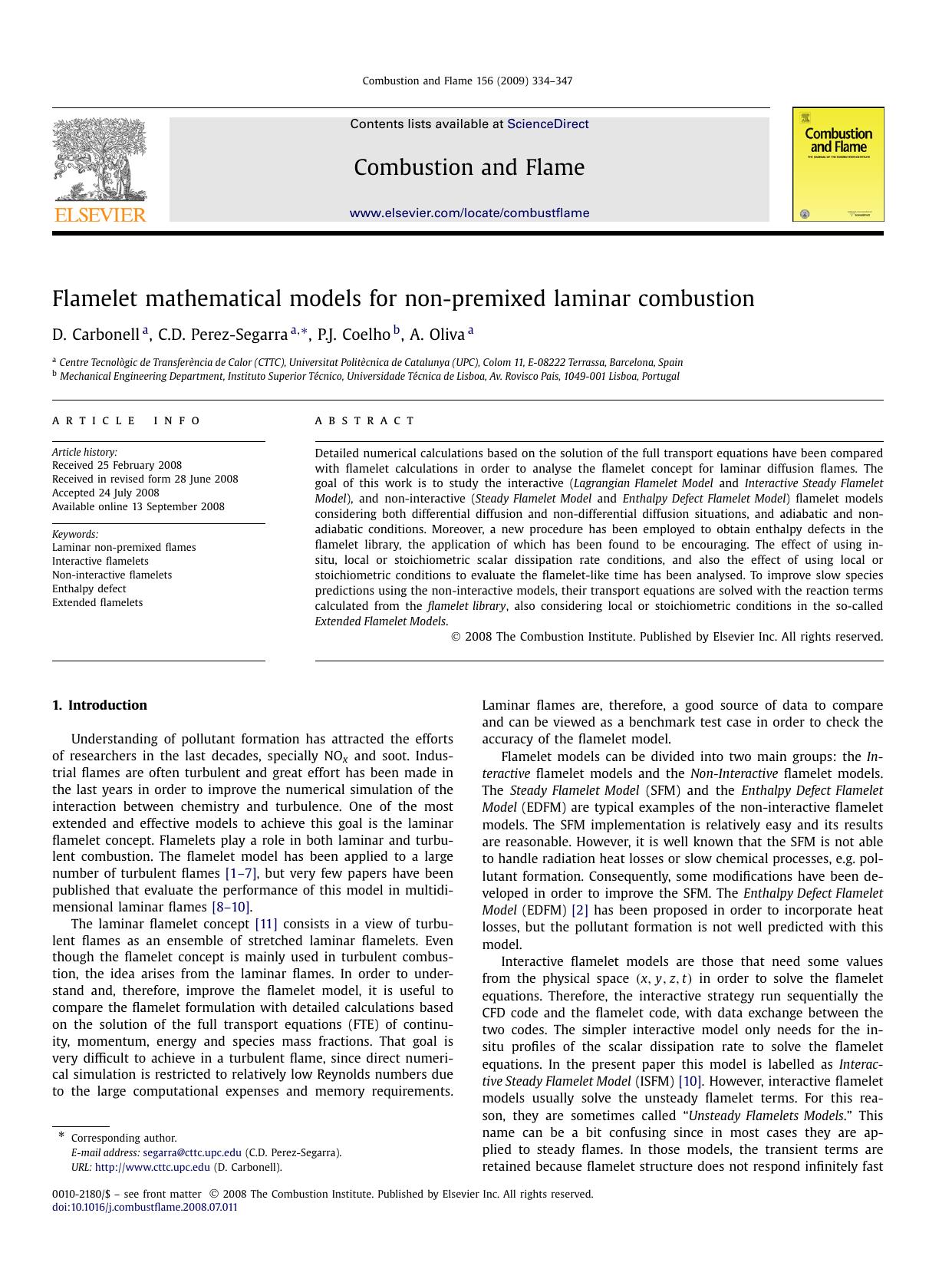 Flamelet mathematical models for non-premixed laminar combustion by D. Carbonell; C.D. Perez-Segarra; P.J. Coelho; A. Oliva