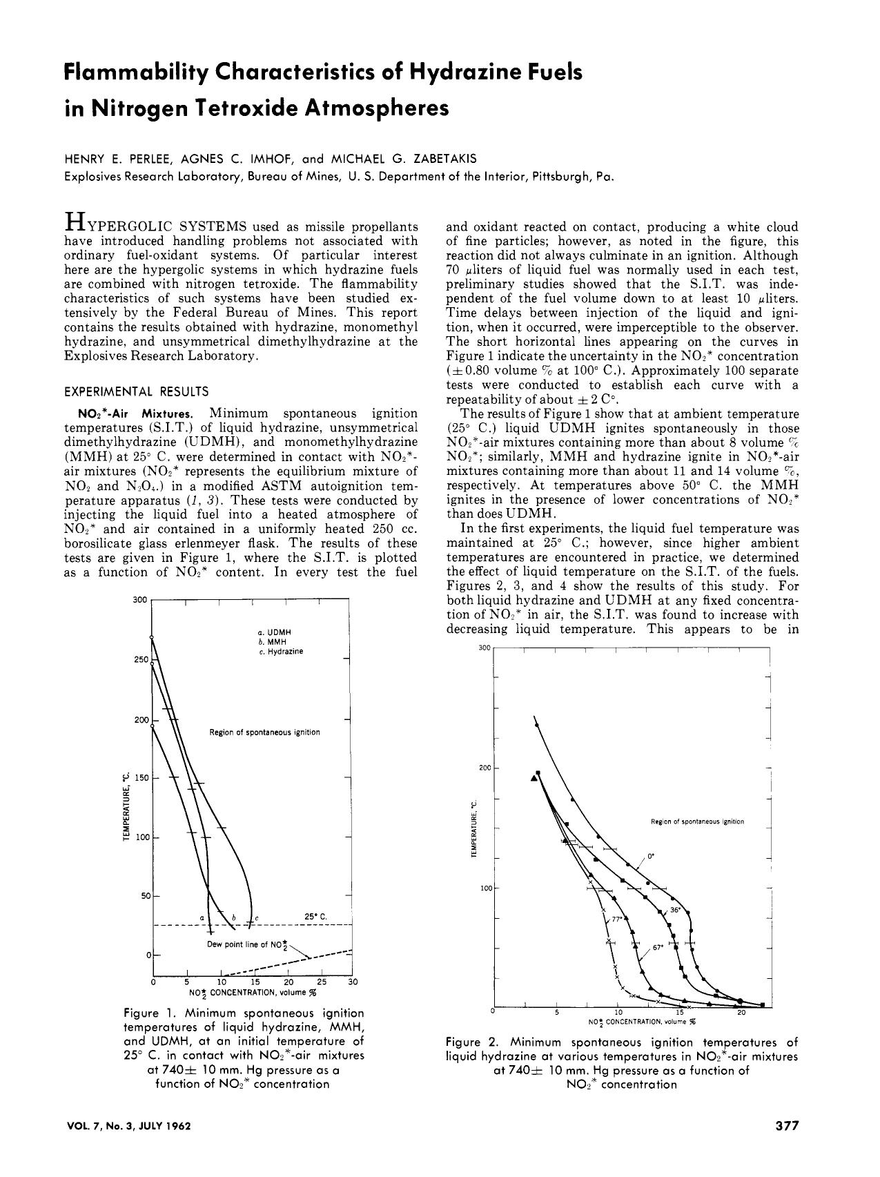 Flammability Characteristics of Hydrazine Fuels in Nitrogen Tetroxide Atmospheres. by H. E. Perlee A. C. Imhof M. G. Zabetakis