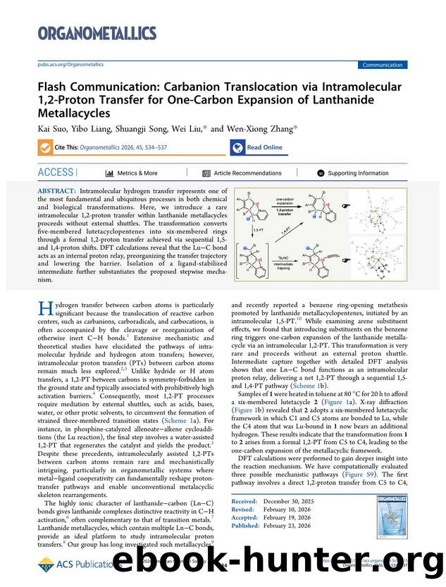 Flash Communication: Carbanion Translocation via Intramolecular 1,2-Proton Transfer for One-Carbon Expansion of Lanthanide Metallacycles by Kai Suo Yibo Liang Shuangji Song Wei Liu and Wen-Xiong Zhang