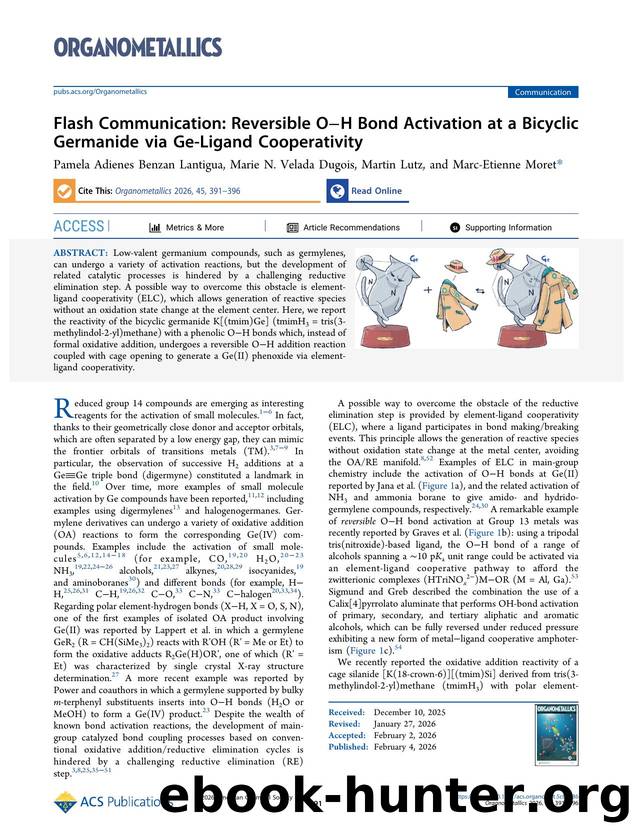 Flash Communication: Reversible OâH Bond Activation at a Bicyclic Germanide via Ge-Ligand Cooperativity by Pamela Adienes Benzan Lantigua Marie N. Velada Dugois Martin Lutz and Marc-Etienne Moret