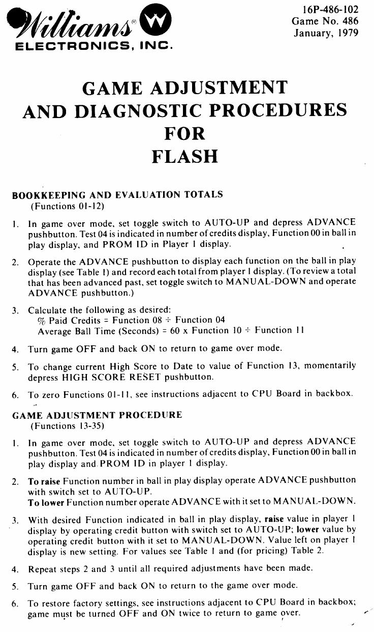Flash Operators Manual by Williams Electronics Inc