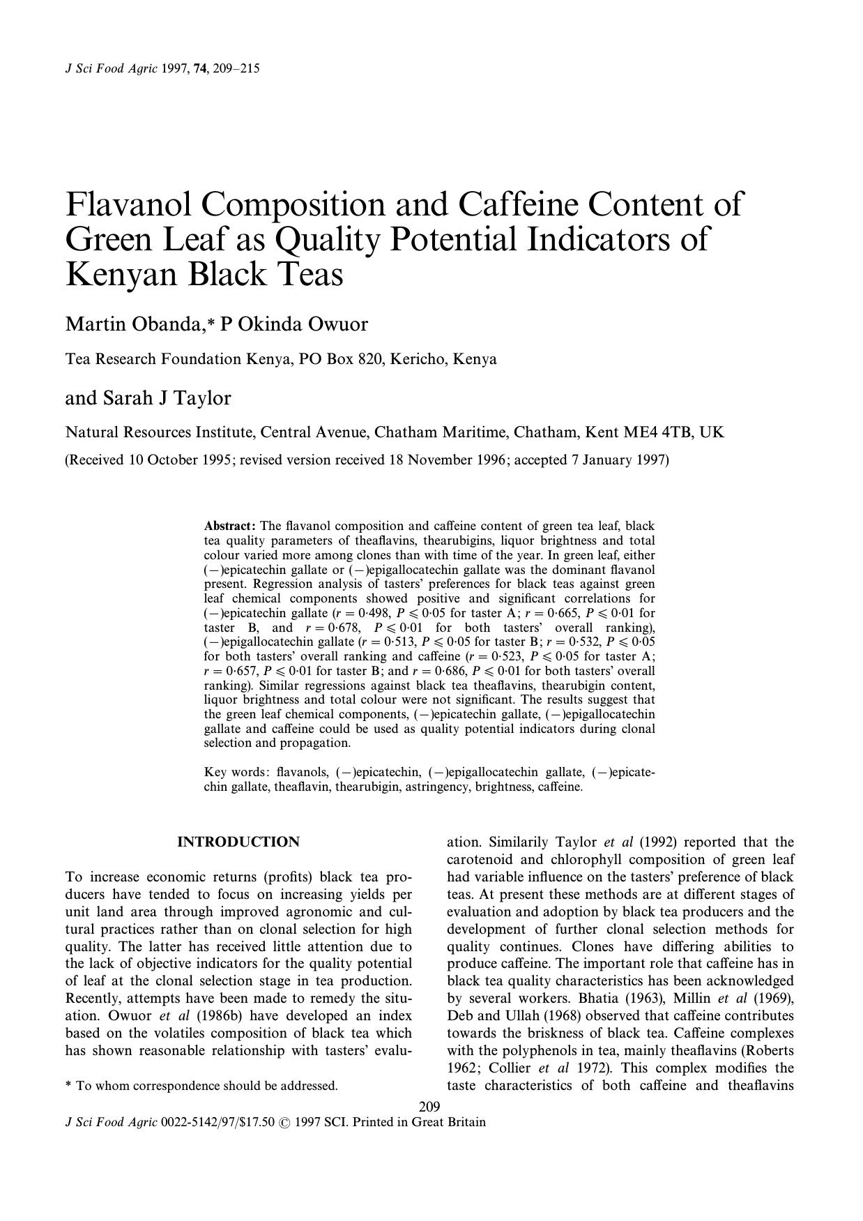 Flavanol Composition and Caffeine Content of Green Leaf as Quality Potential Indicators of Kenyan Black Teas by Unknown