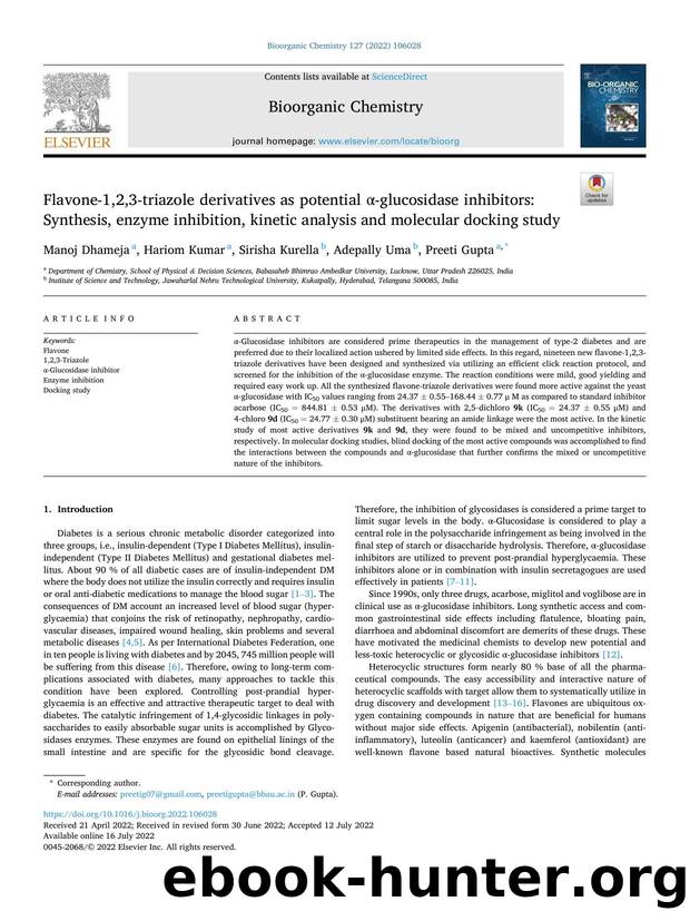 Flavone-1,2,3-triazole derivatives as potential Î±-glucosidase inhibitors: Synthesis, enzyme inhibition, kinetic analysis and molecular docking study by Manoj Dhameja & Hariom Kumar & Sirisha Kurella & Adepally Uma & Preeti Gupta