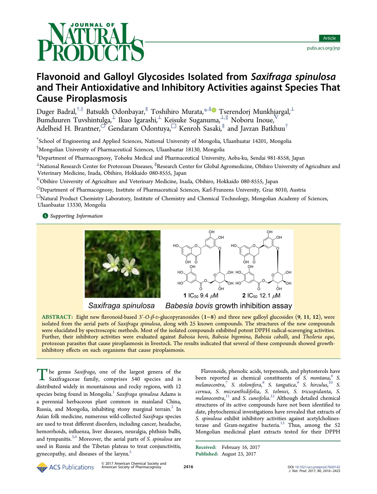 Flavonoid and Galloyl Glycosides Isolated from Saxifraga spinulosa and Their Antioxidative and Inhibitory Activities against Species That Cause Piroplasmosis by unknow