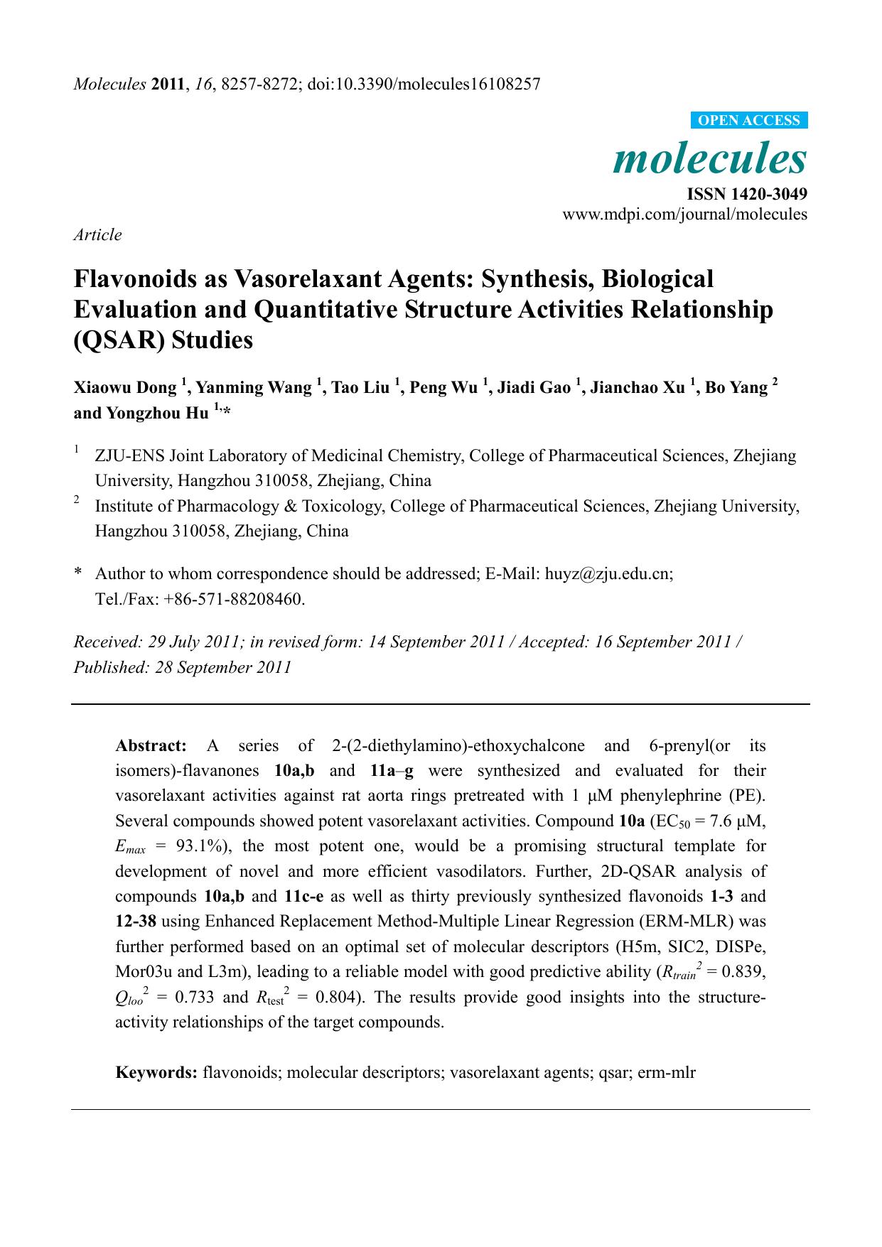 Flavonoids as Vasorelaxant Agents: Synthesis, Biological Evaluation and Quantitative Structure Activities Relationship (QSAR) Studies by Xiaowu Dong & Yanming Wang & Tao Liu & Peng Wu & Jiadi Gao & Jianchao Xu & Bo Yang & Yongzhou Hu