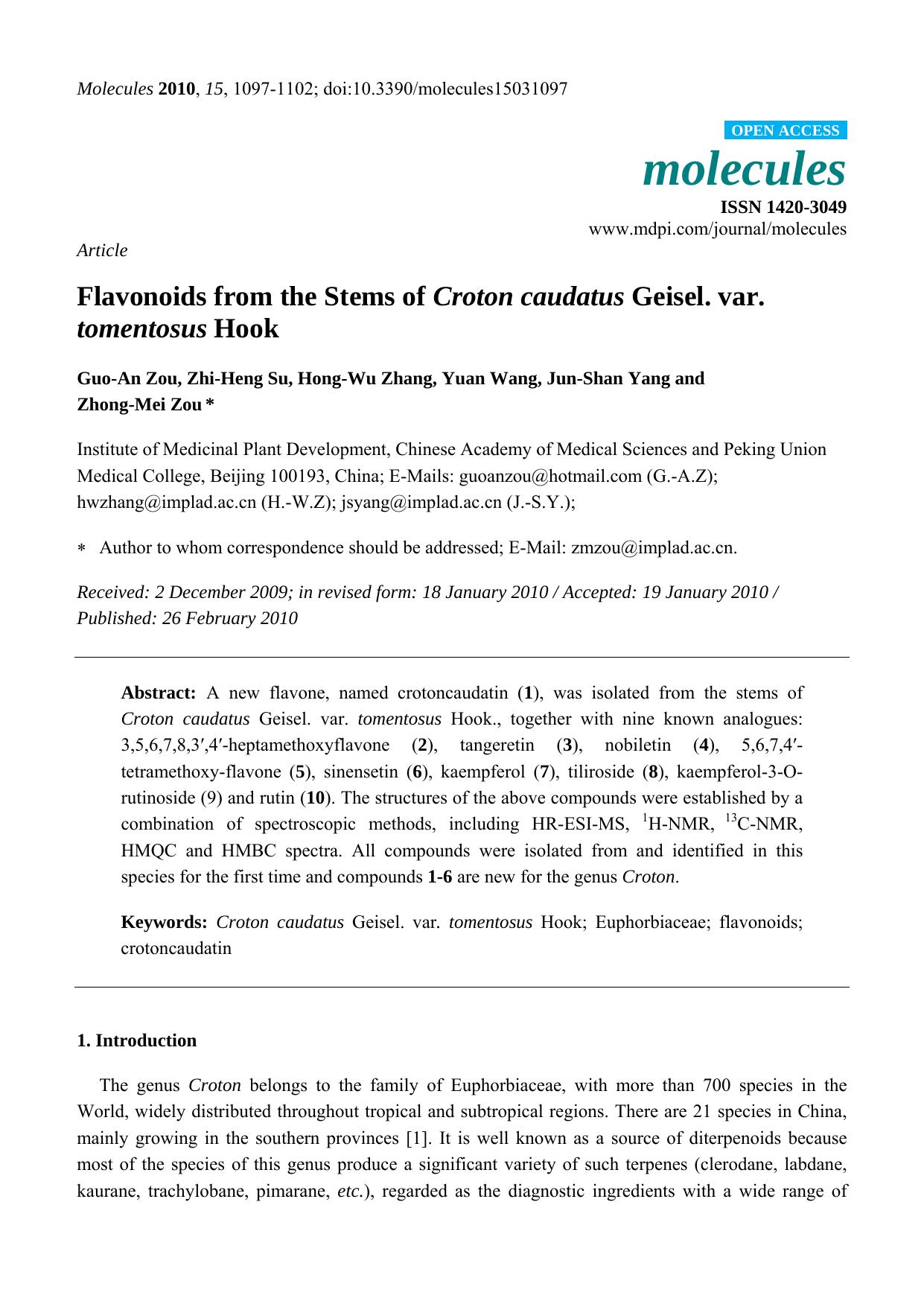 Flavonoids from the Stems of Croton caudatus Geisel. var. tomentosus Hook by Guo-An Zou & Zhi-Heng Su & Hong-Wu Zhang & Yuan Wang & Jun-Shan Yang & Zhong-Mei Zou