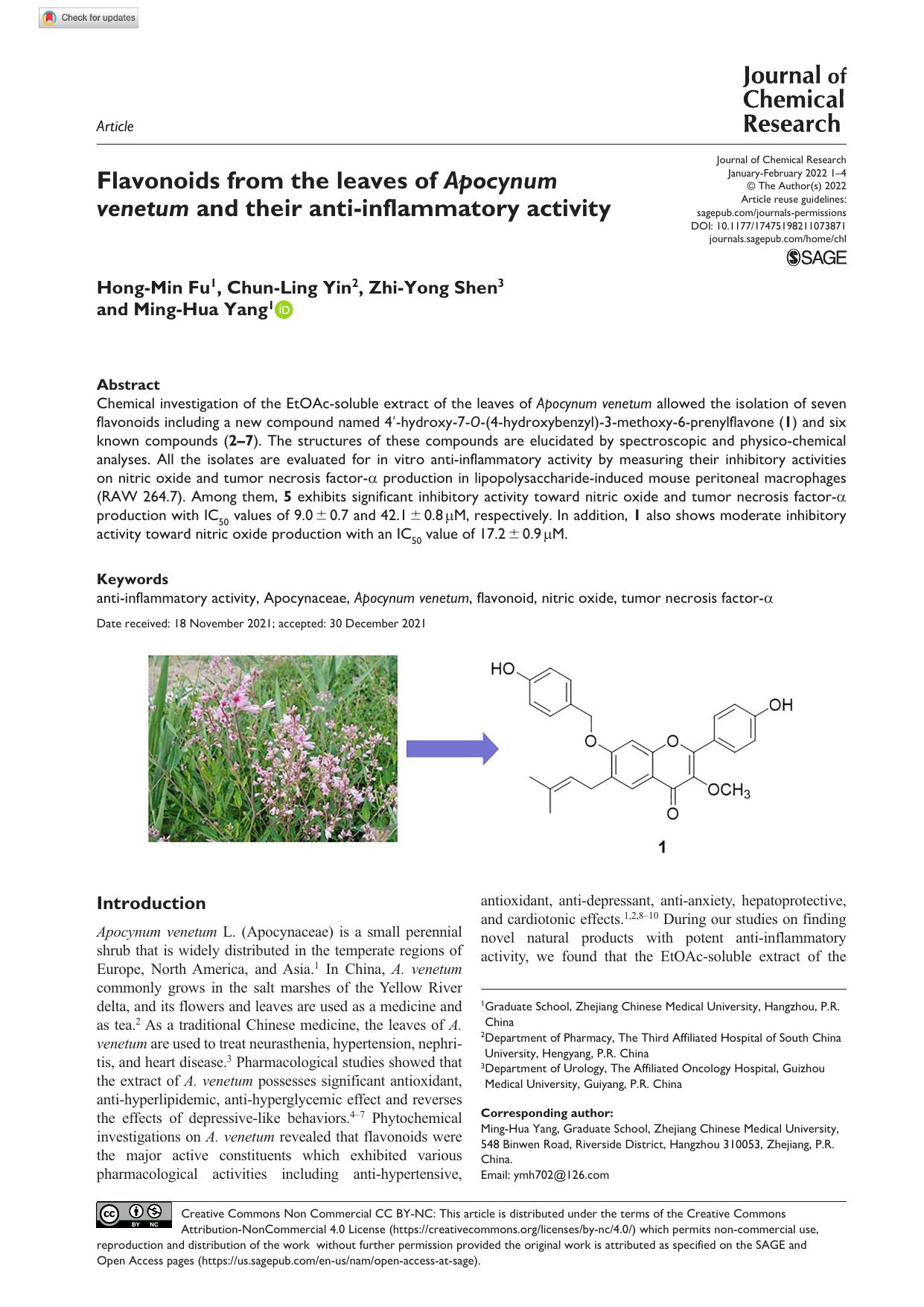 Flavonoids from the leaves of Apocynum venetum and their anti-inflammatory activity by Hong-Min Fu Chun-Ling Yin Zhi-Yong Shen & Ming-Hua Yang