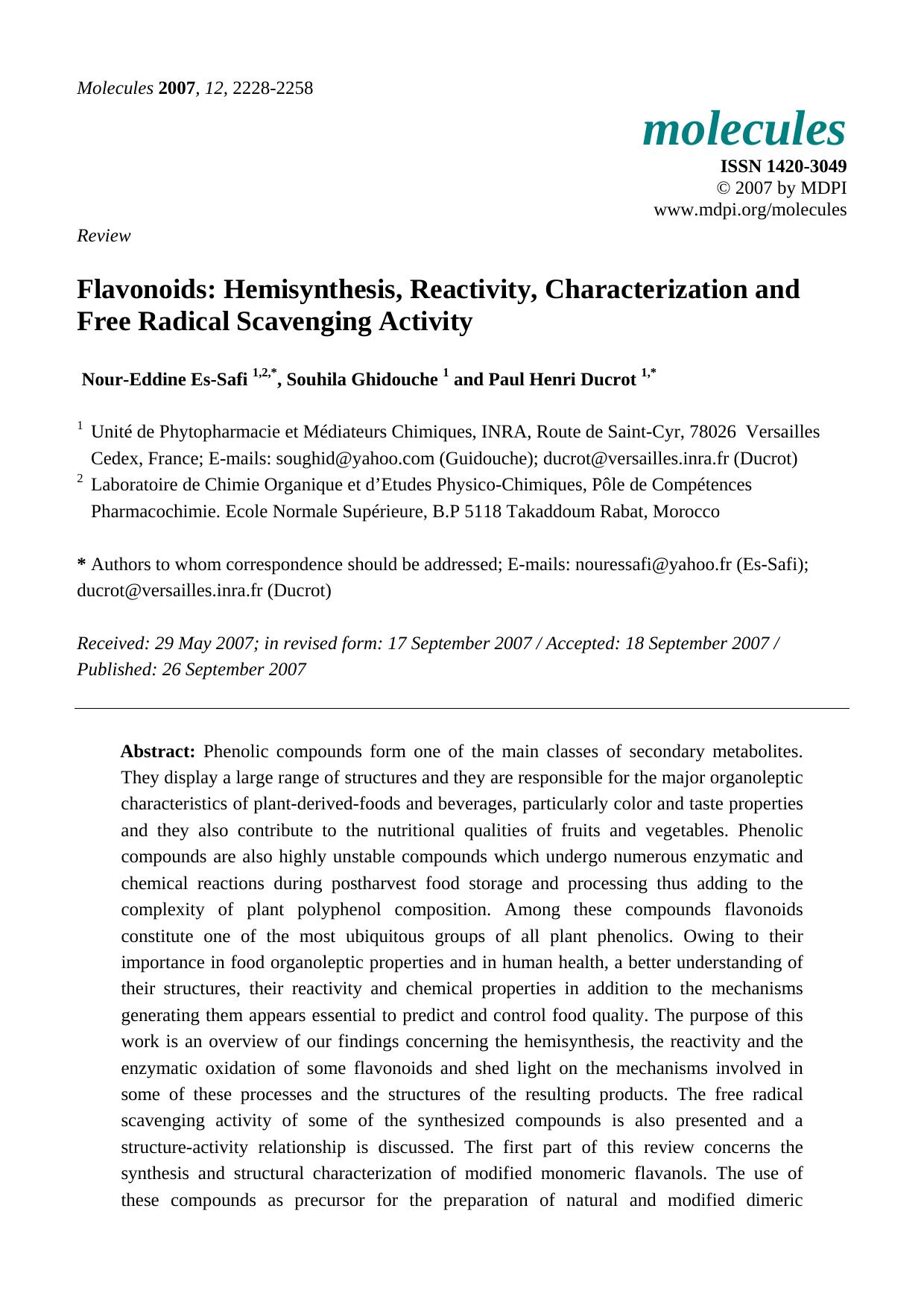 Flavonoids: Hemisynthesis, Reactivity, Characterization and Free Radical Scavenging Activity by Nour-Eddine Es-Safi & Souhila Ghidouche & Paul Henri Ducrot