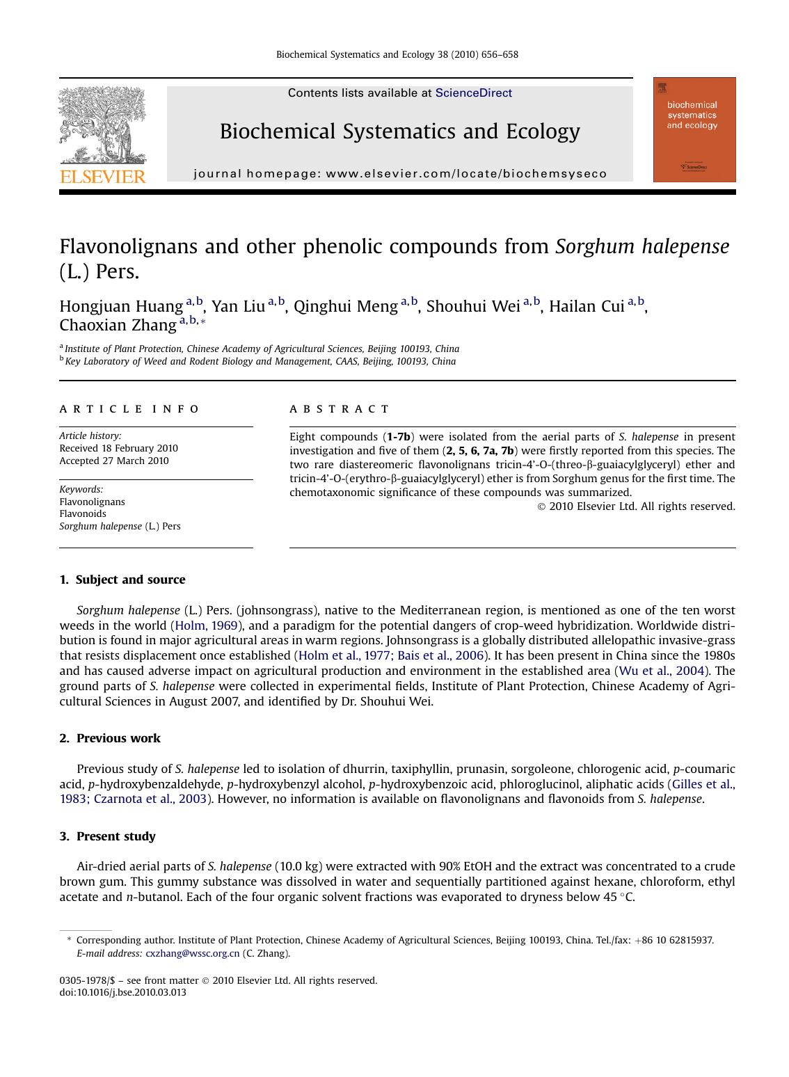 Flavonolignans and other phenolic compounds from Sorghum halepense (L.) Pers. by Hongjuan Huang & Yan Liu & Qinghui Meng & Shouhui Wei & Hailan Cui & Chaoxian Zhang