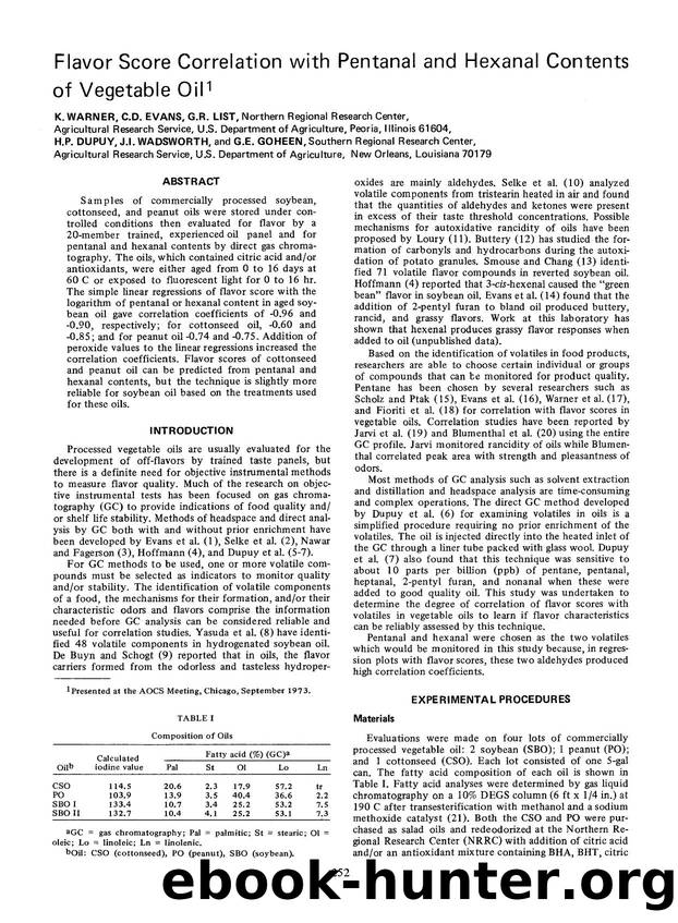 Flavor score correlation with pentanal and hexanal contents of vegetable oil by Unknown