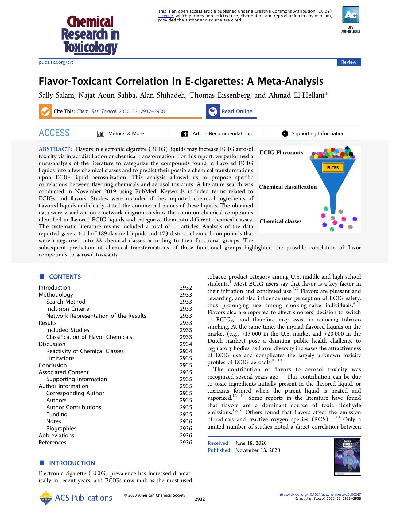 Flavor-Toxicant Correlation in E-cigarettes: A Meta-Analysis by Sally Salam Najat Aoun Saliba Alan Shihadeh Thomas Eissenberg and Ahmad El-Hellani