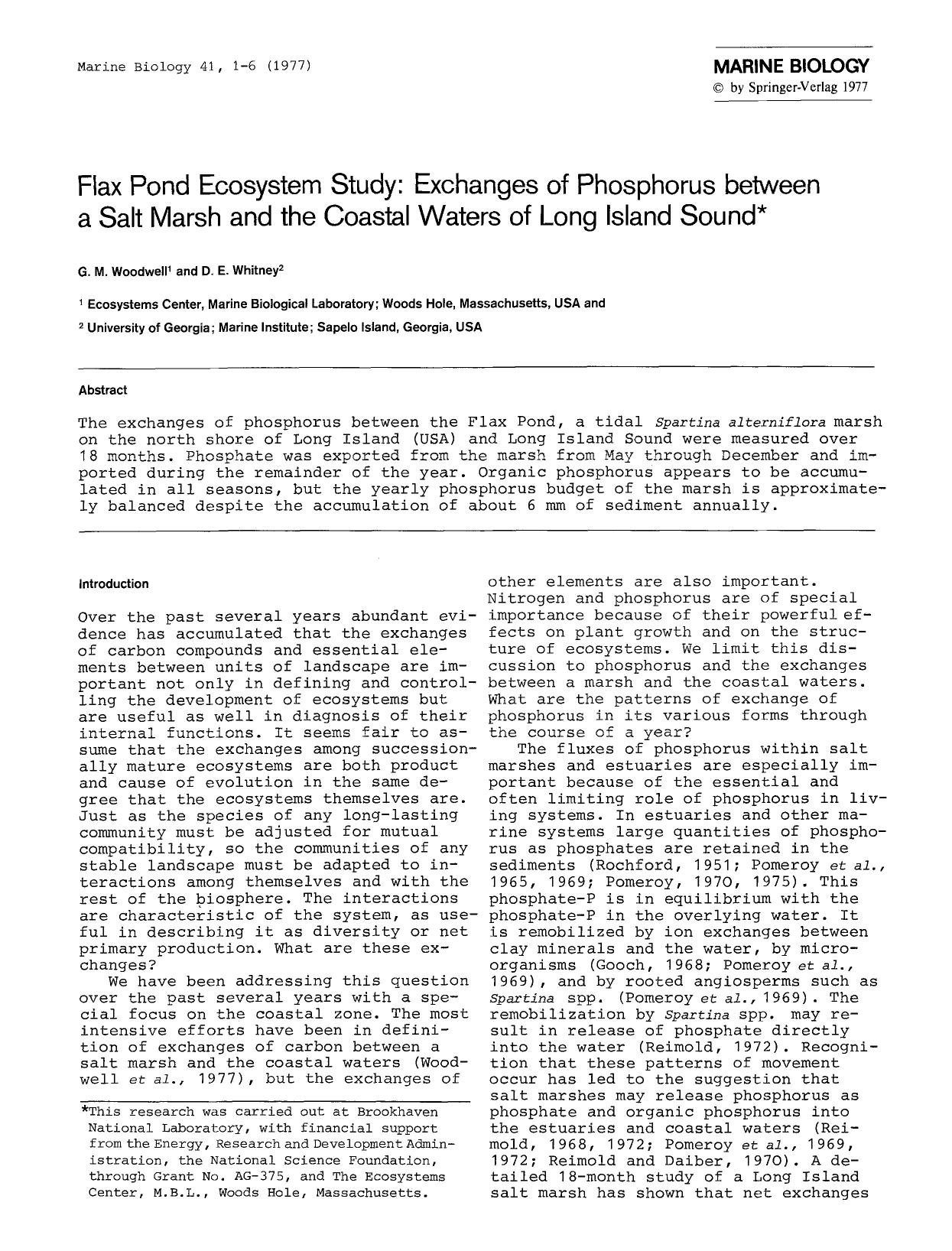 Flax Pond ecosystem study: Exchanges of phosphorus between a salt marsh and the coastal waters of Long Island Sound by Unknown
