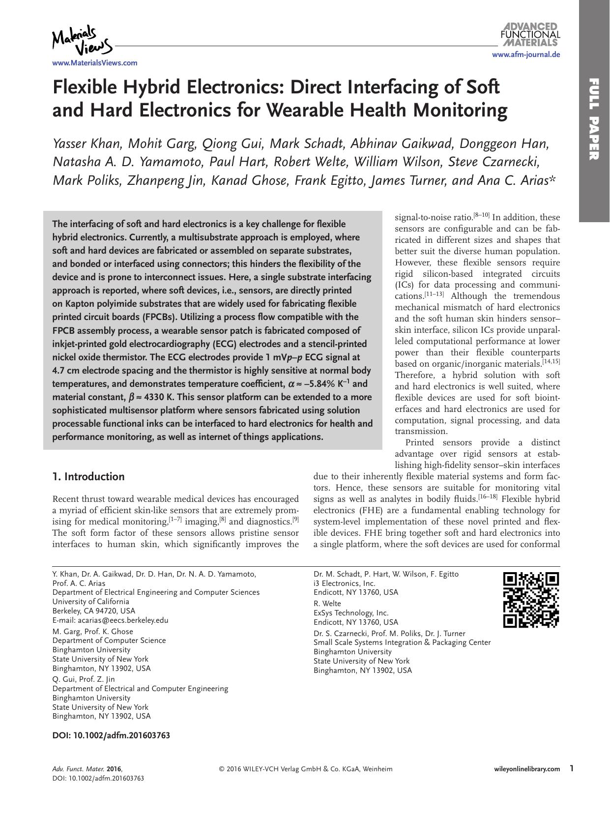 Flexible Hybrid Electronics: Direct Interfacing of Soft and Hard Electronics for Wearable Health Monitoring by Unknown