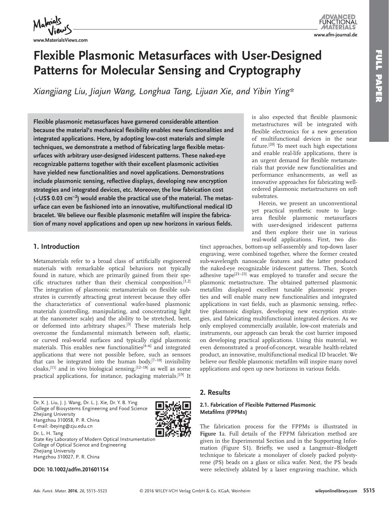 Flexible Plasmonic Metasurfaces with User‐Designed Patterns for Molecular Sensing and Cryptography by Unknown