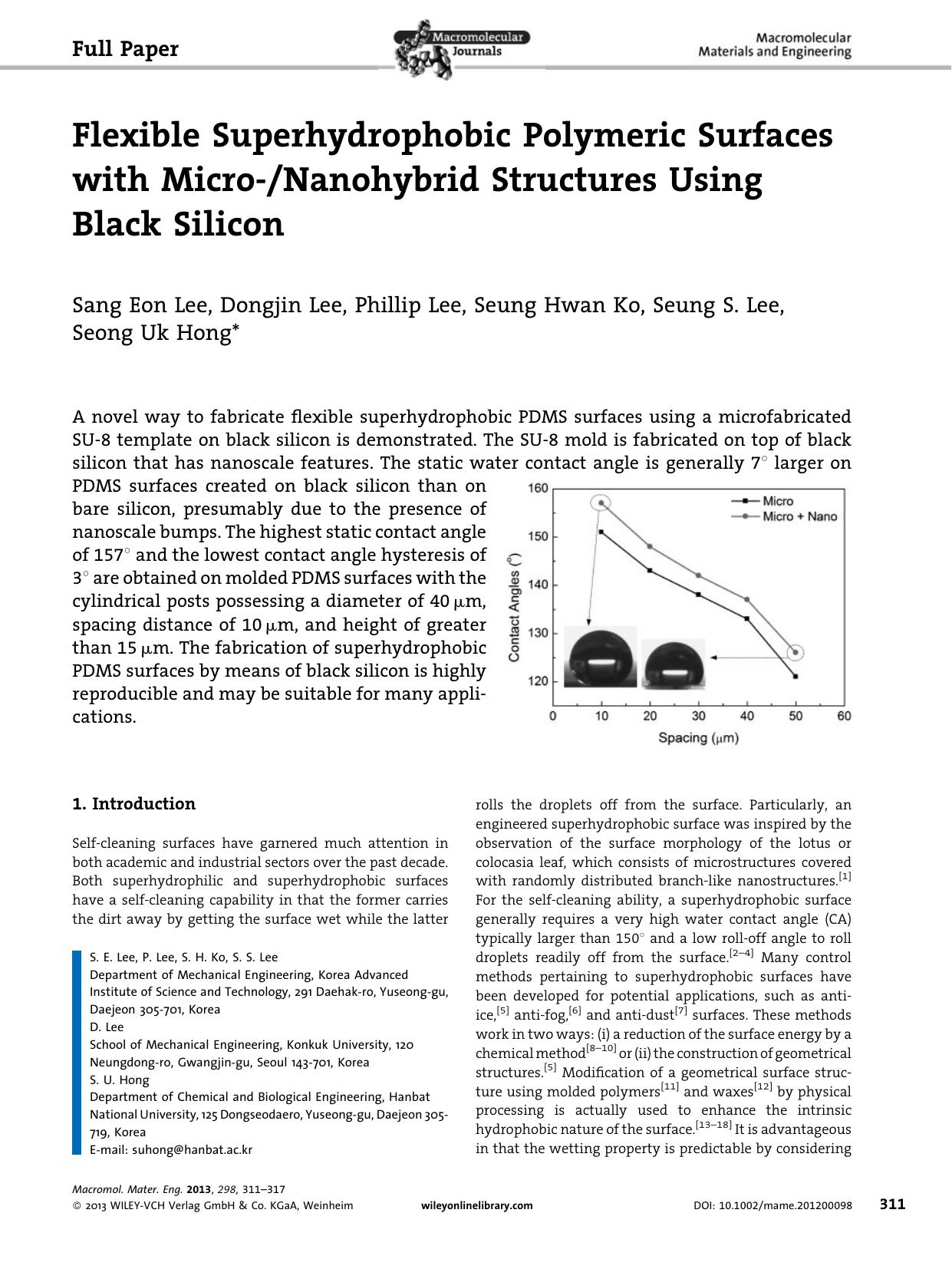 Flexible Superhydrophobic Polymeric Surfaces with MicroNanohybrid Structures Using Black Silicon by Unknown