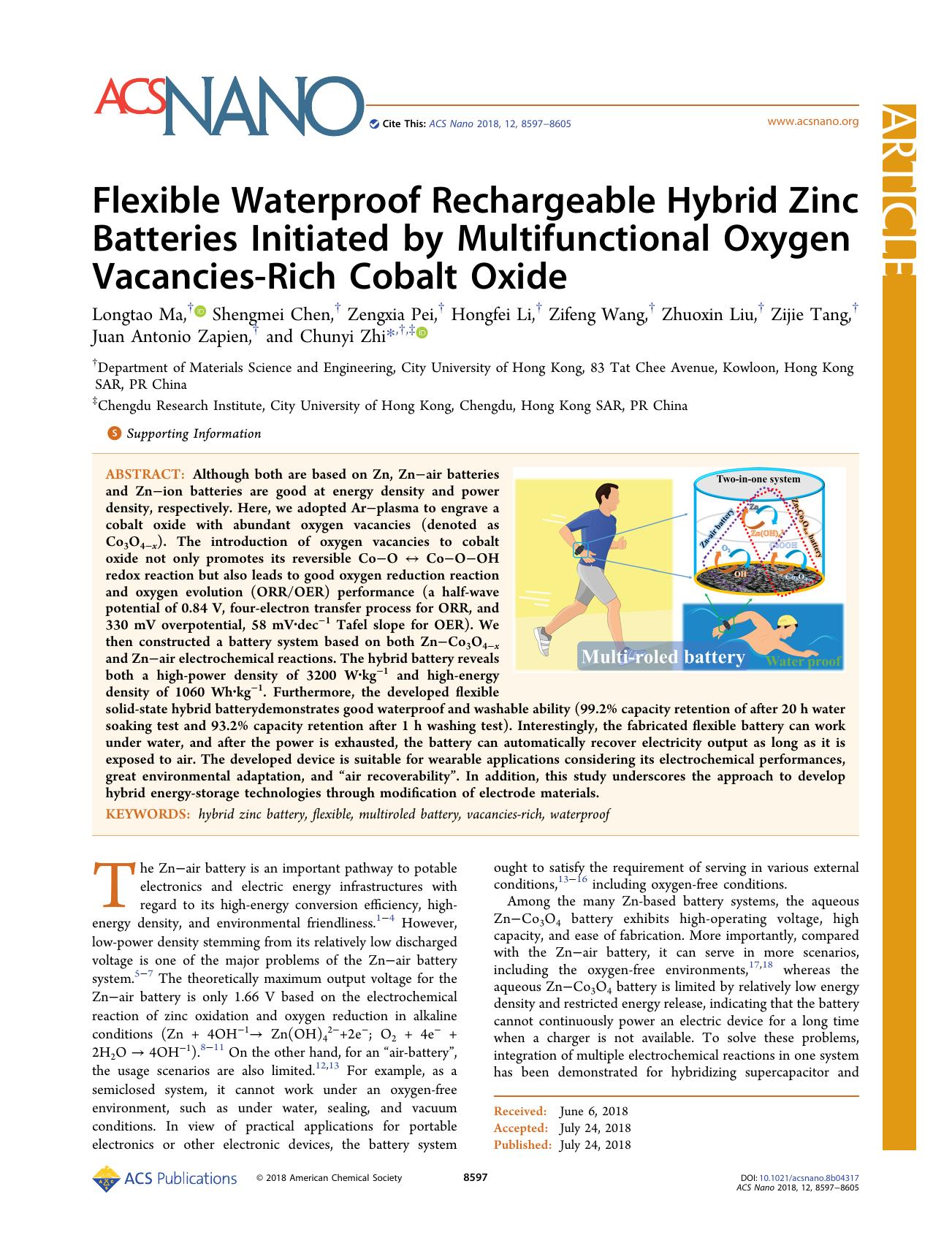 Flexible Waterproof Rechargeable Hybrid Zinc Batteries Initiated by Multifunctional Oxygen Vacancies-Rich Cobalt Oxide by unknow