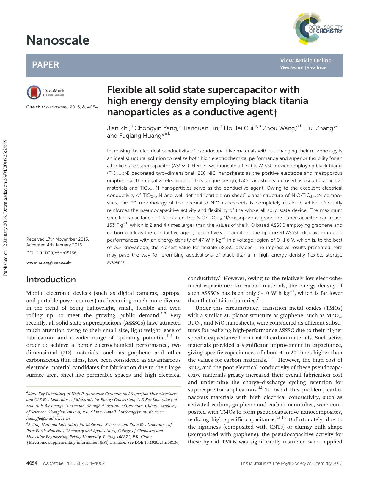 Flexible all solid state supercapacitor with high energy density employing black titania nanoparticles as a conductive agent by Jian Zhi Chongyin Yang Tianquan Lin Houlei Cui Zhou Wang Hui Zhang Fuqiang Huang
