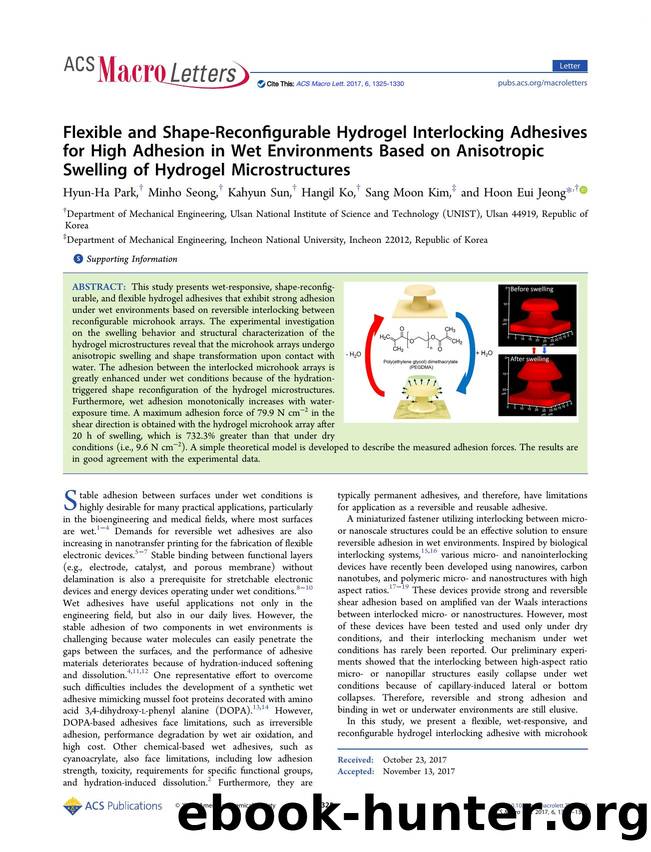 Flexible and Shape-Reconfigurable Hydrogel Interlocking Adhesives for High Adhesion in Wet Environments Based on Anisotropic Swelling of Hydrogel Microstructures by Hyun-Ha Park Minho Seong Kahyun Sun Hangil Ko Sang Moon Kim & Hoon Eui Jeong