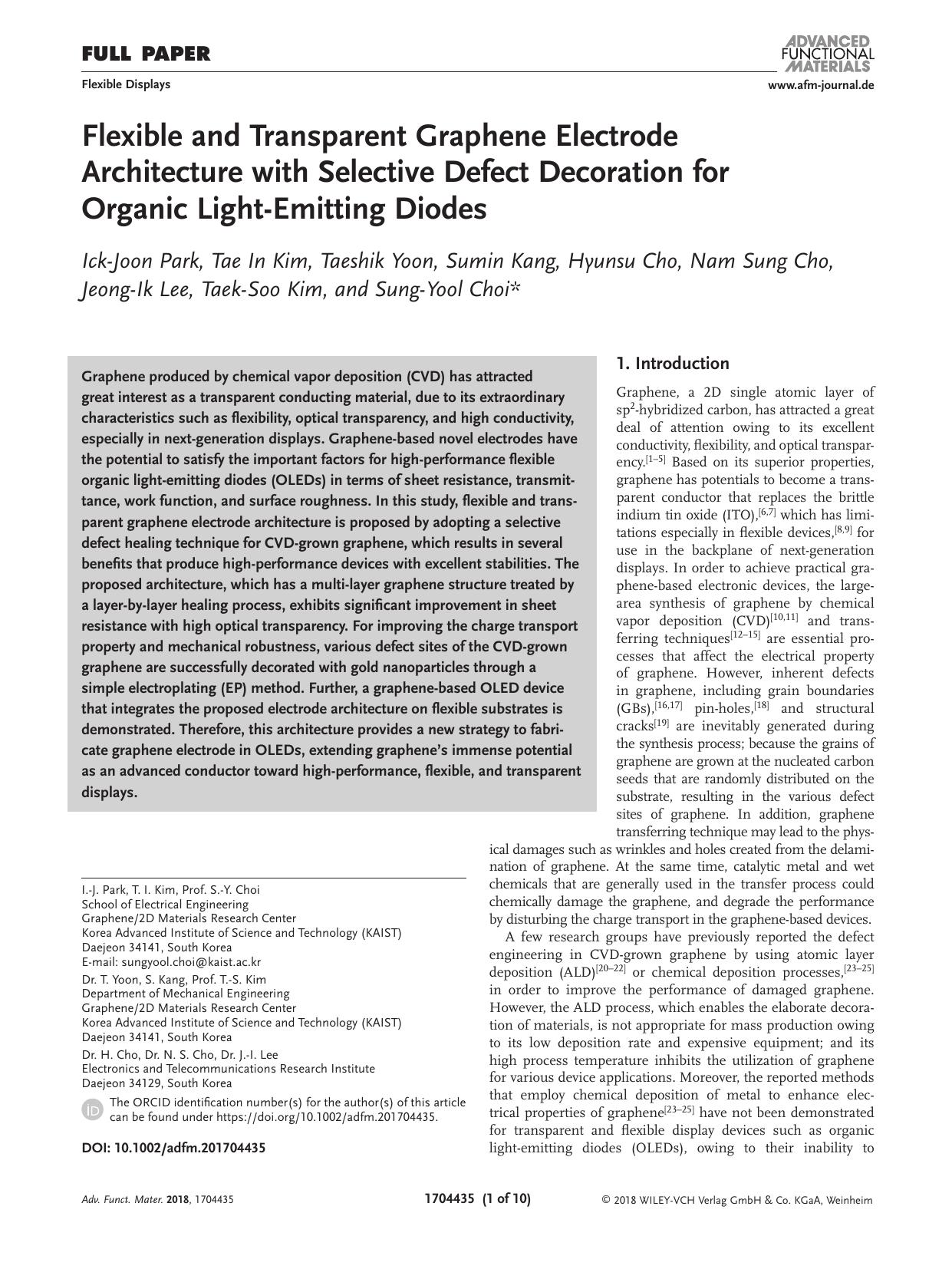 Flexible and Transparent Graphene Electrode Architecture with Selective Defect Decoration for Organic Light‐Emitting Diodes by Unknown