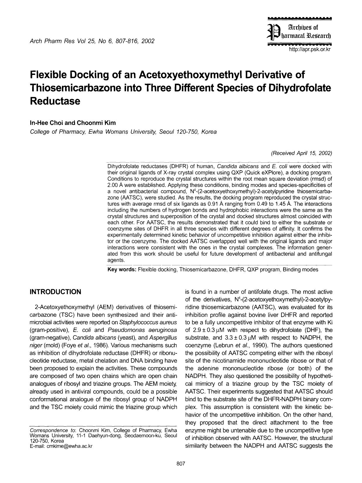 Flexible docking of an acetoxyethoxymethyl derivative of thiosemicarbazone into three different species of dihydrofolate reductase by Unknown