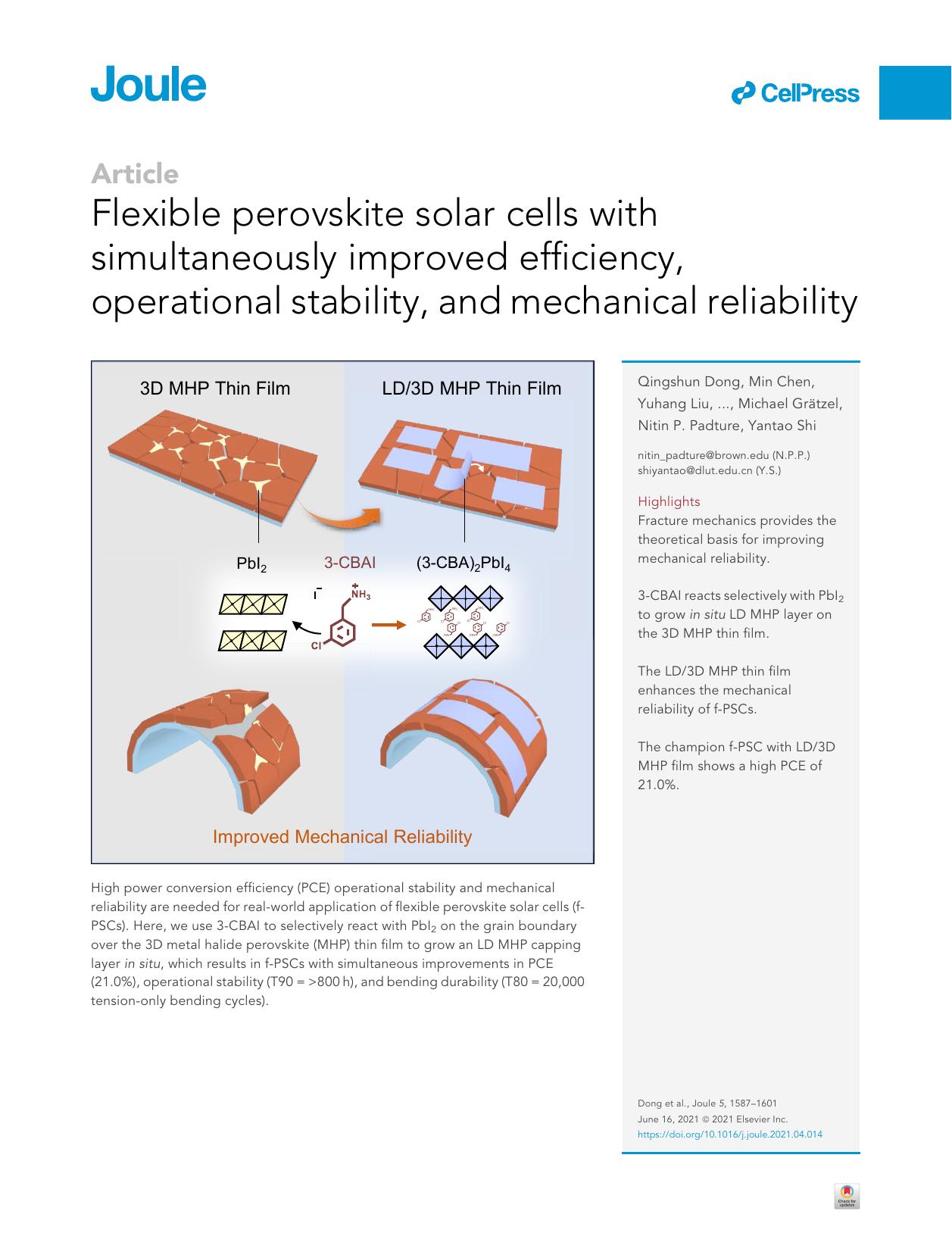 Flexible perovskite solar cells with simultaneously improved efficiency, operational stability, and mechanical reliability by unknow
