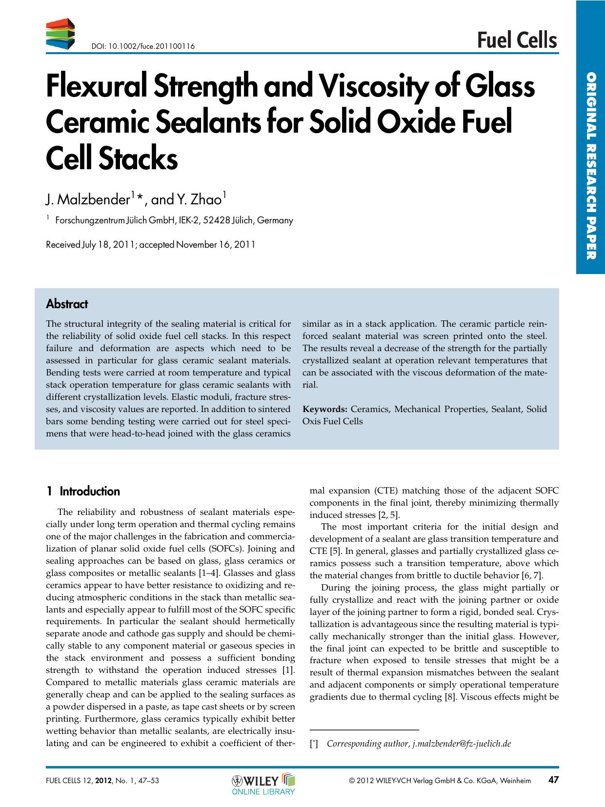 Flexural Strength and Viscosity of Glass Ceramic Sealants for Solid Oxide Fuel Cell Stacks by Unknown