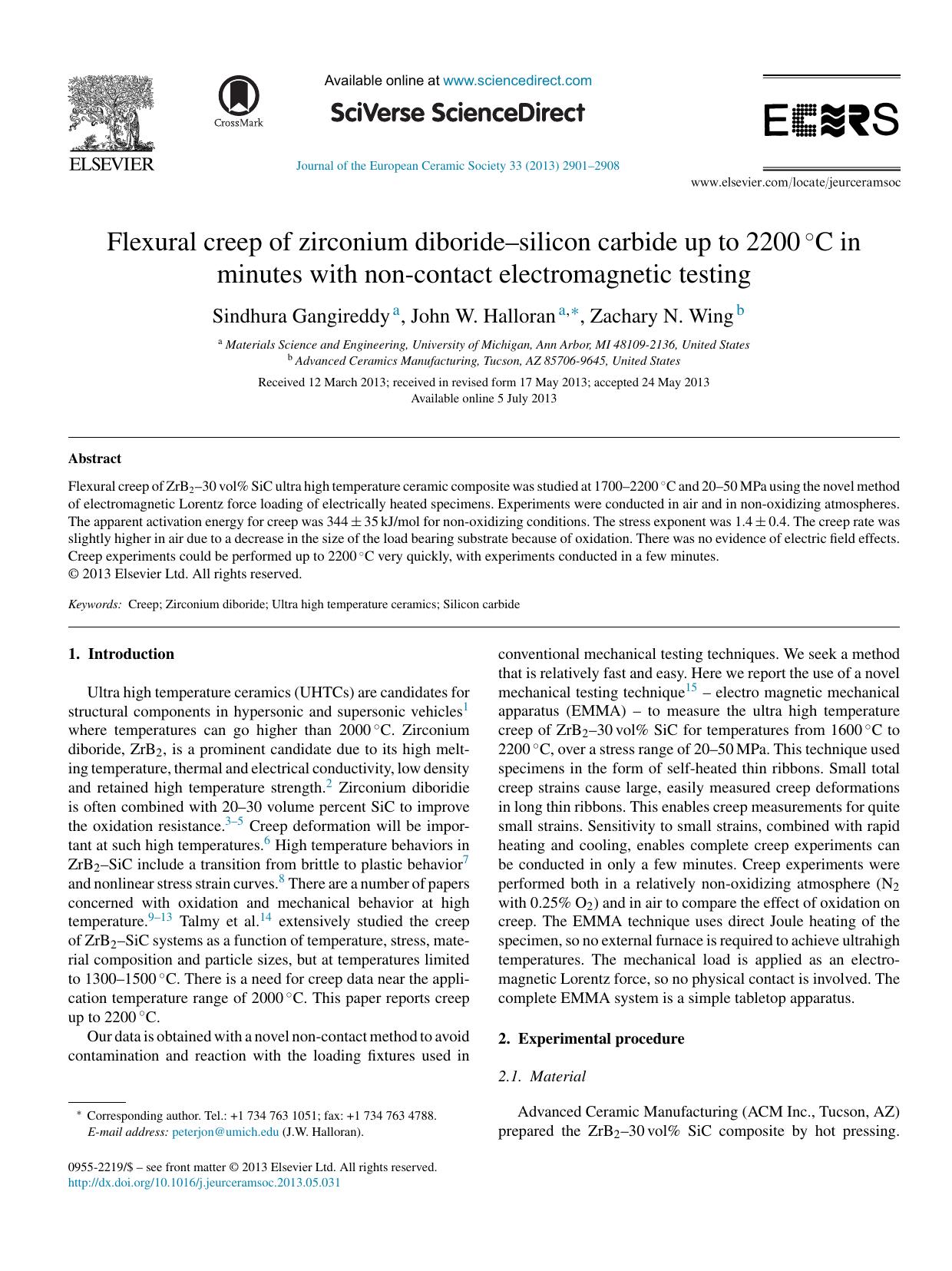 Flexural creep of zirconium diborideâsilicon carbide up to 2200Â°C in minutes with non-contact electromagnetic testing by Sindhura Gangireddy