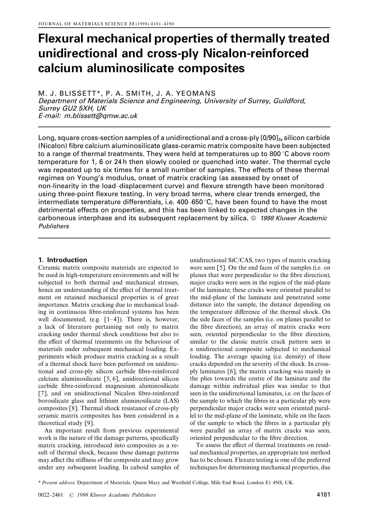 Flexural mechanical properties of thermally treated unidirectional and cross-ply Nicalon-reinforced calcium aluminosilicate composites by M. J. BLISSETT P. A. SMITH J. A. YEOMANS