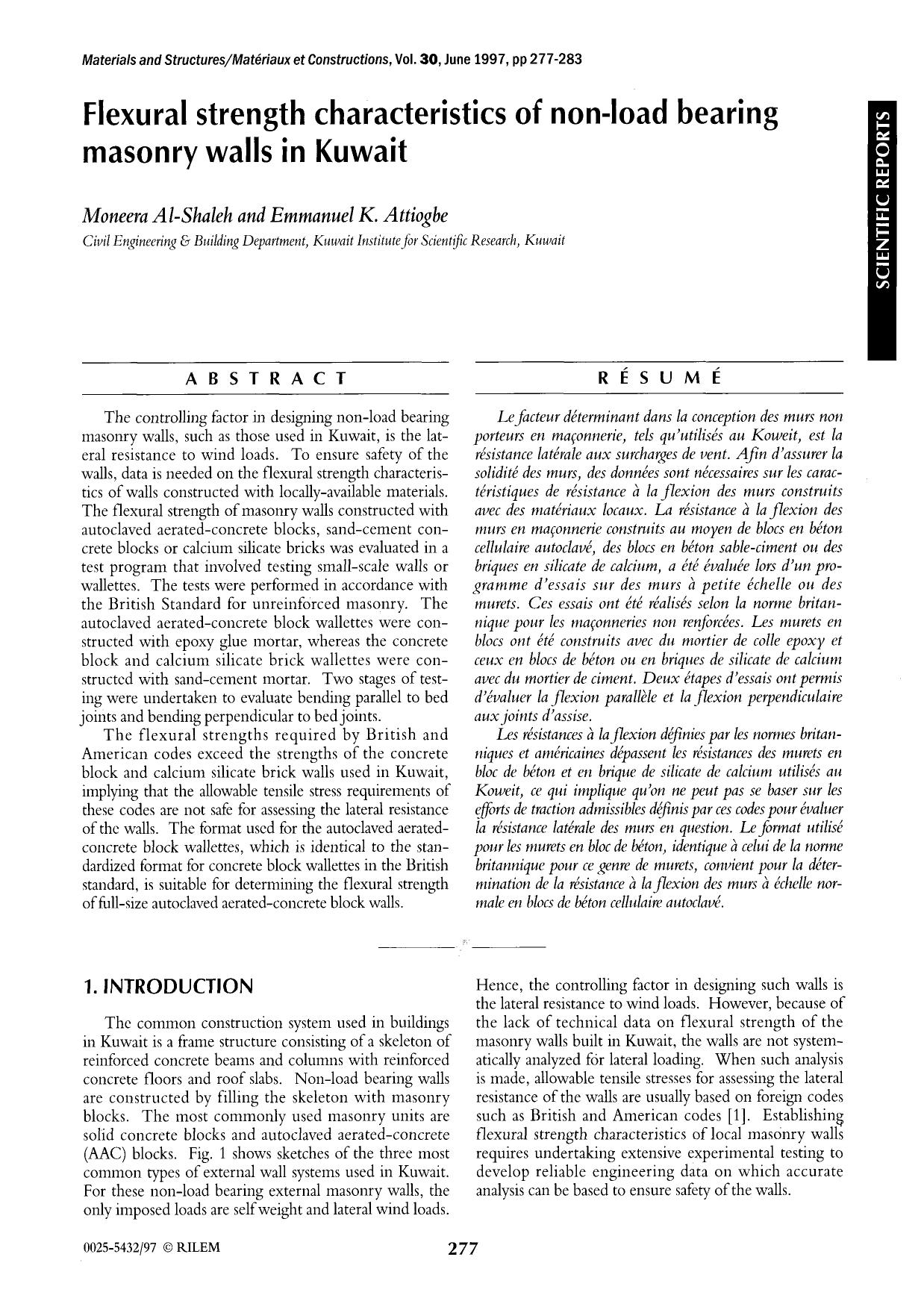 Flexural strength characteristics of non-load bearing masonry walls in Kuwait by Unknown