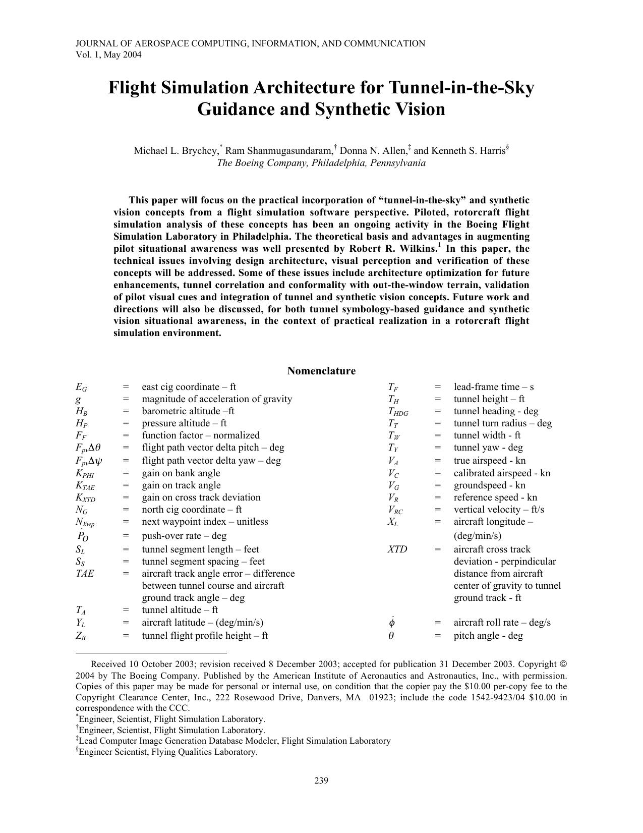 Flight Simulation Architecture for Tunnel-in-the-Sky Guidance and Synthetic Vision by Unknown