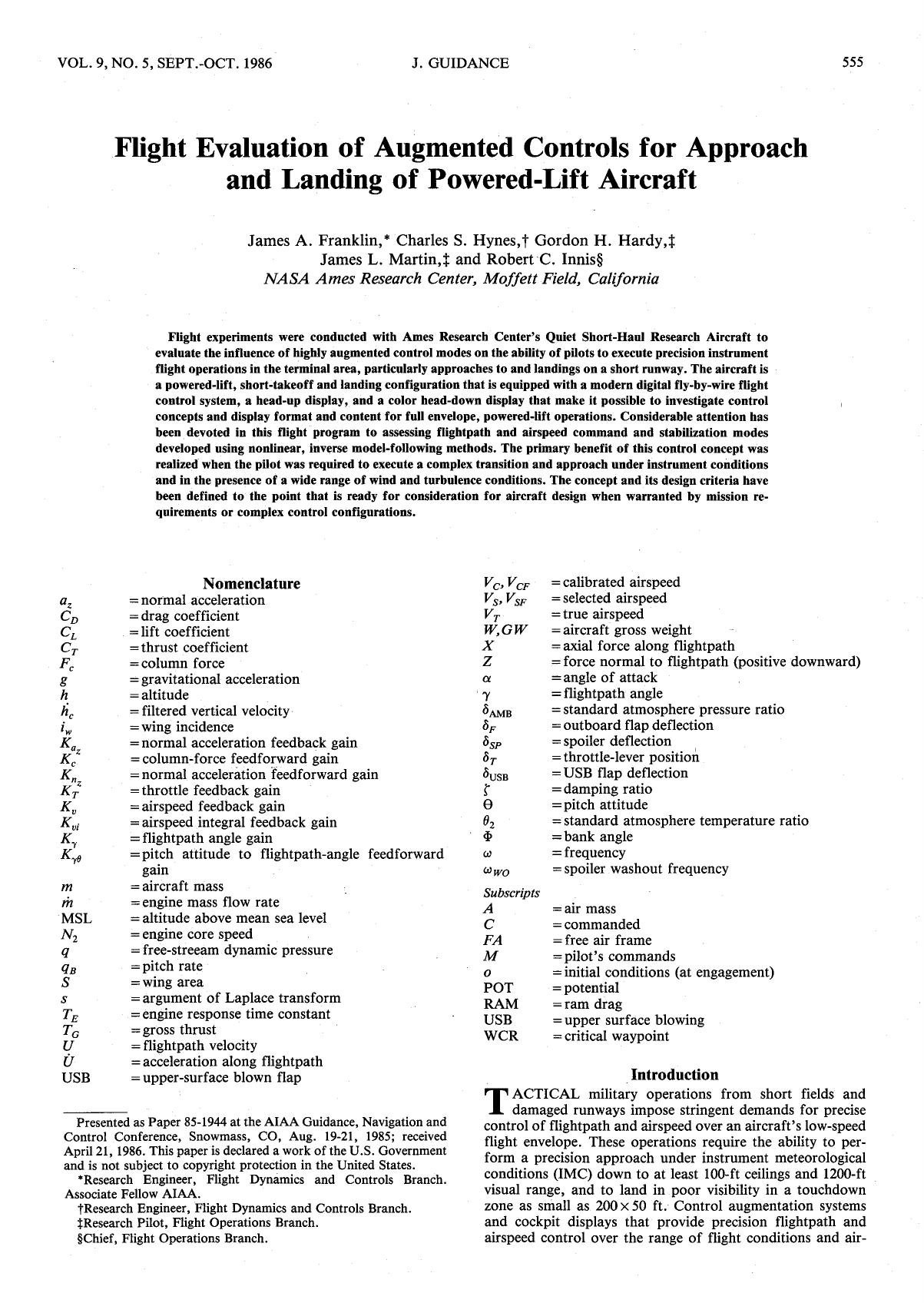 Flight evaluation of augmented controls for approach and landing of powered-lift aircraft by Unknown